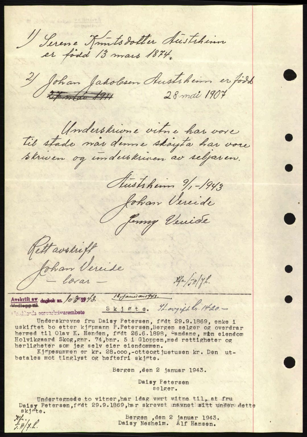 Nordfjord sorenskriveri, SAB/A-2801/02/02b/02bj/L0007: Mortgage book no. A7, 1941-1943, Diary no: : 102/1943