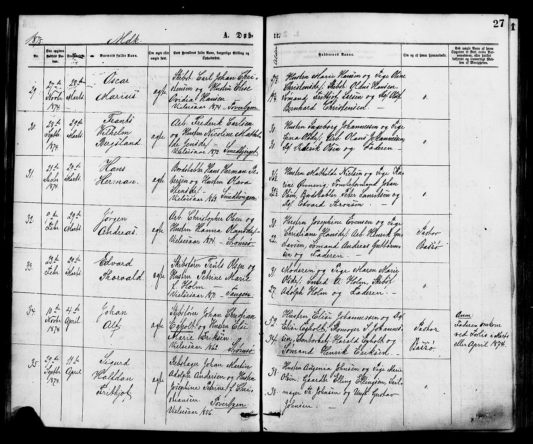 Strømsø kirkebøker, AV/SAKO-A-246/F/Fa/L0019: Parish register (official) no. I 19, 1874-1877, p. 27