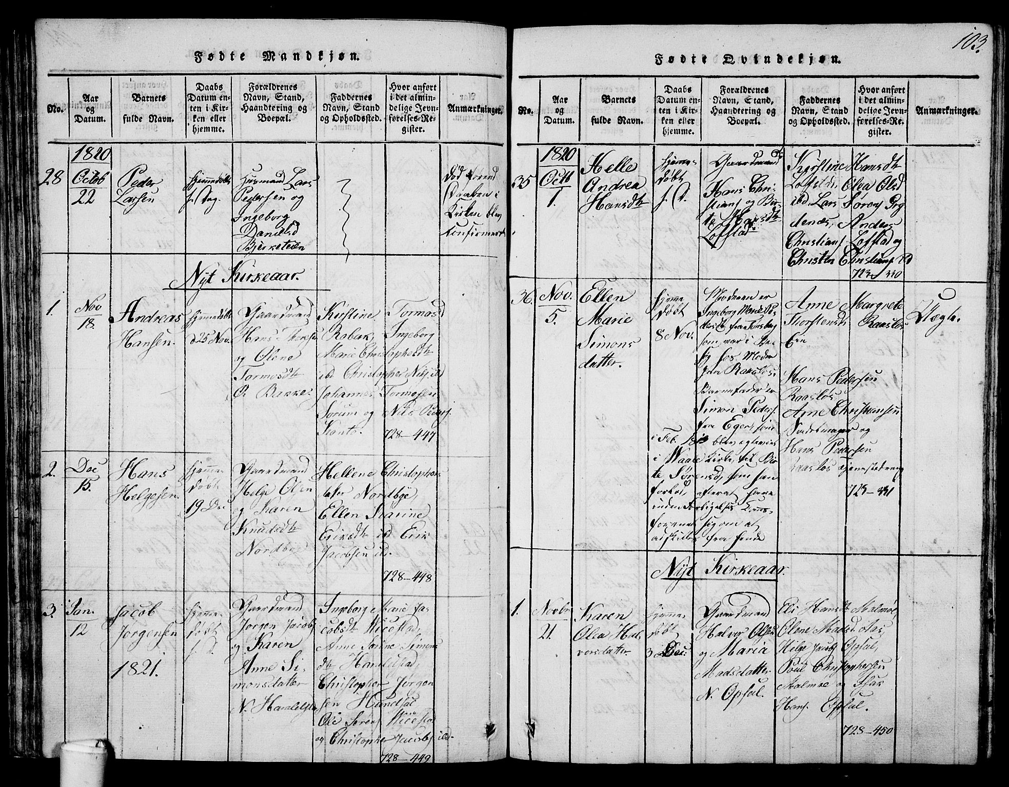 Våle kirkebøker, AV/SAKO-A-334/G/Ga/L0001: Parish register (copy) no. I 1, 1814-1824, p. 102-103