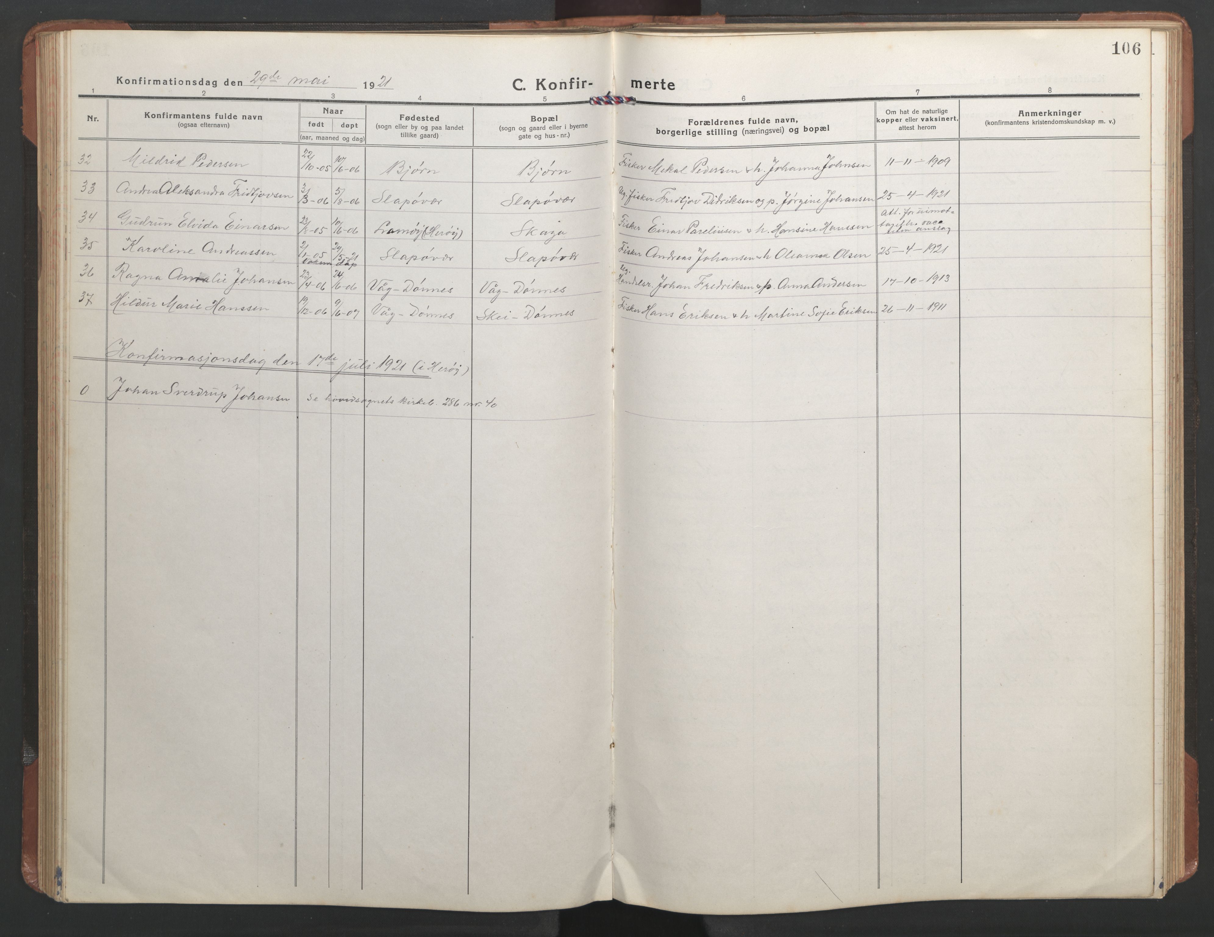 Ministerialprotokoller, klokkerbøker og fødselsregistre - Nordland, SAT/A-1459/836/L0539: Parish register (copy) no. 836C03, 1917-1949, p. 106