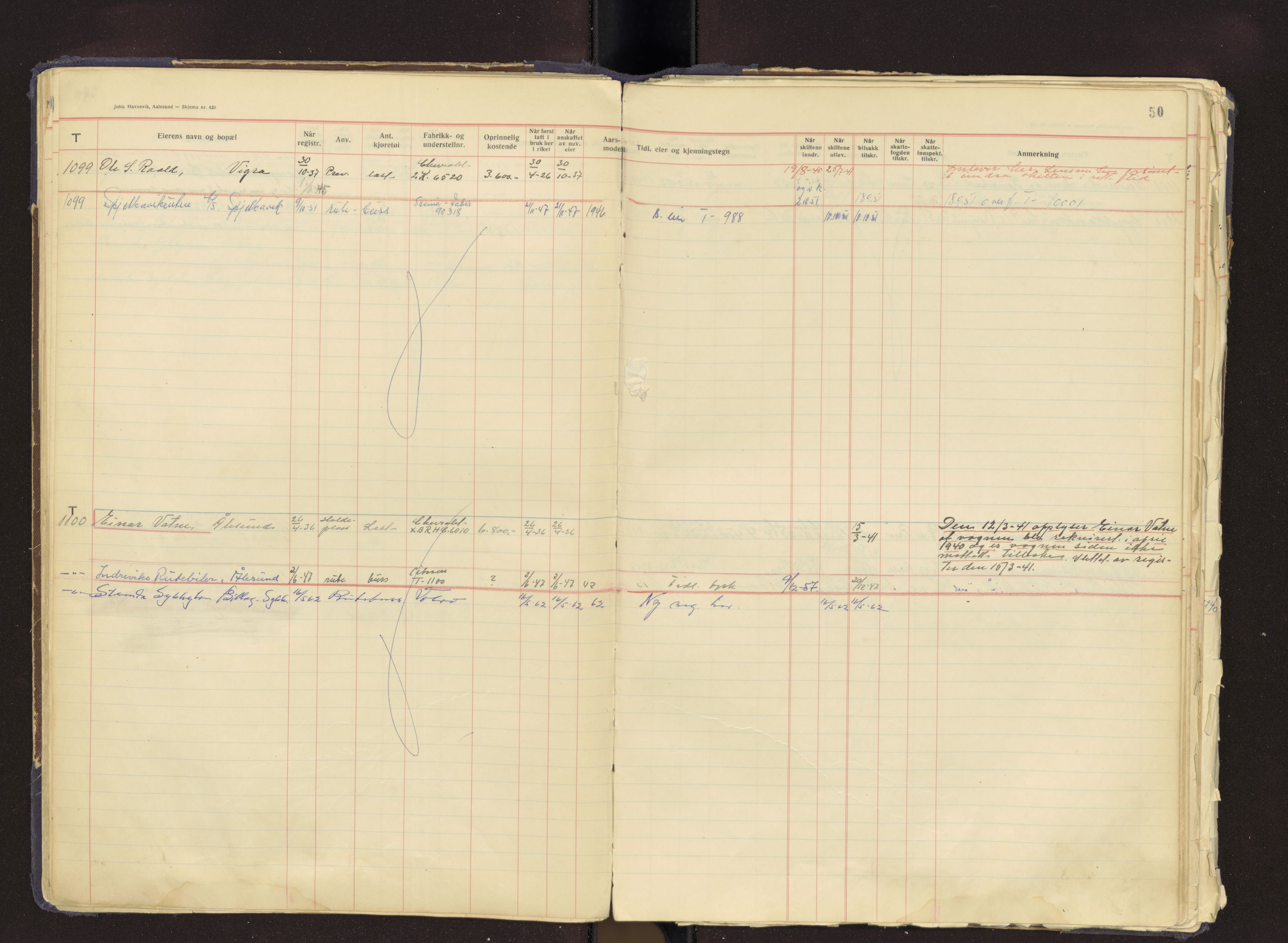 Møre og Romsdal vegkontor - Ålesund trafikkstasjon, AV/SAT-A-4099/F/Fb/L0003: Bilregister; T 1001 - T 1500, 1920-1970, p. 50