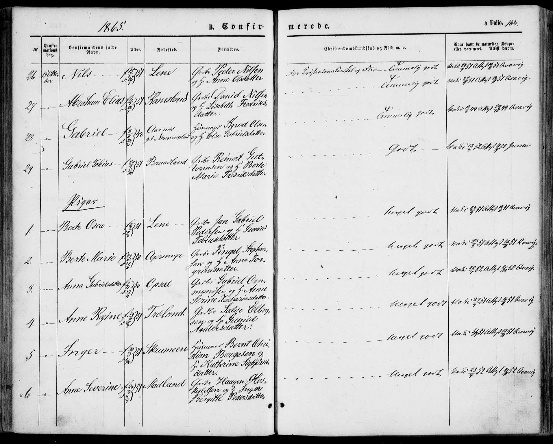 Lyngdal sokneprestkontor, AV/SAK-1111-0029/F/Fa/Fac/L0010: Parish register (official) no. A 10, 1865-1878, p. 164