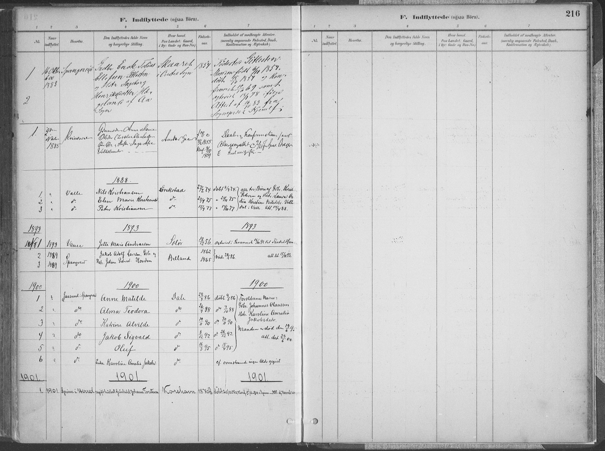 Lyngdal sokneprestkontor, SAK/1111-0029/F/Fa/Faa/L0004: Parish register (official) no. A 4, 1883-1904, p. 216