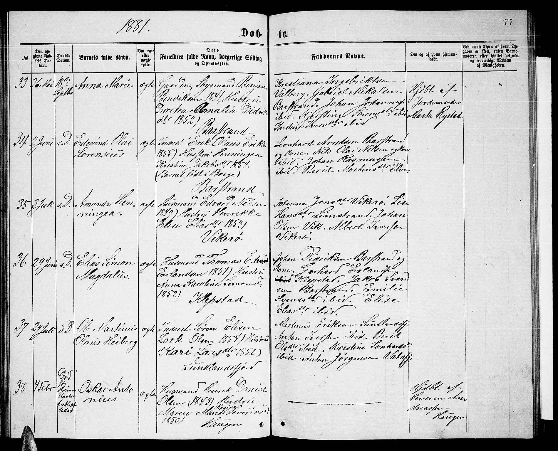 Ministerialprotokoller, klokkerbøker og fødselsregistre - Nordland, AV/SAT-A-1459/876/L1103: Parish register (copy) no. 876C02, 1870-1886, p. 77