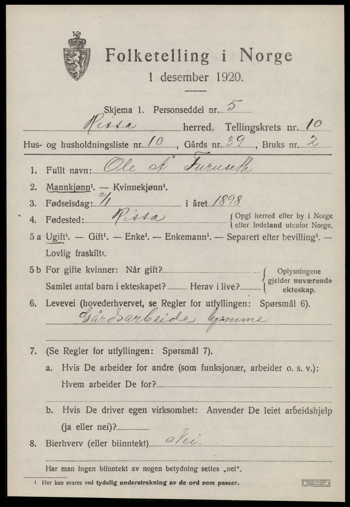 SAT, 1920 census for Rissa, 1920, p. 6689