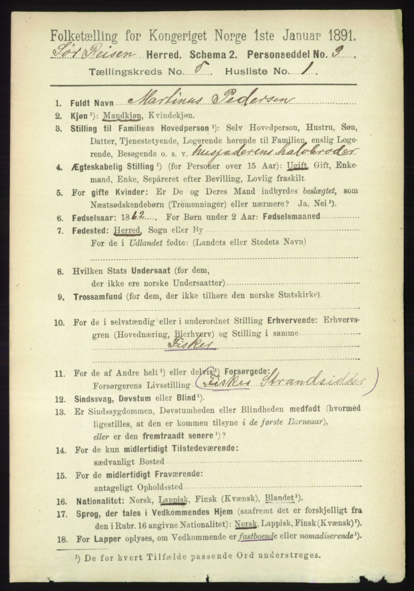 RA, 1891 census for 1925 Sørreisa, 1891, p. 1574