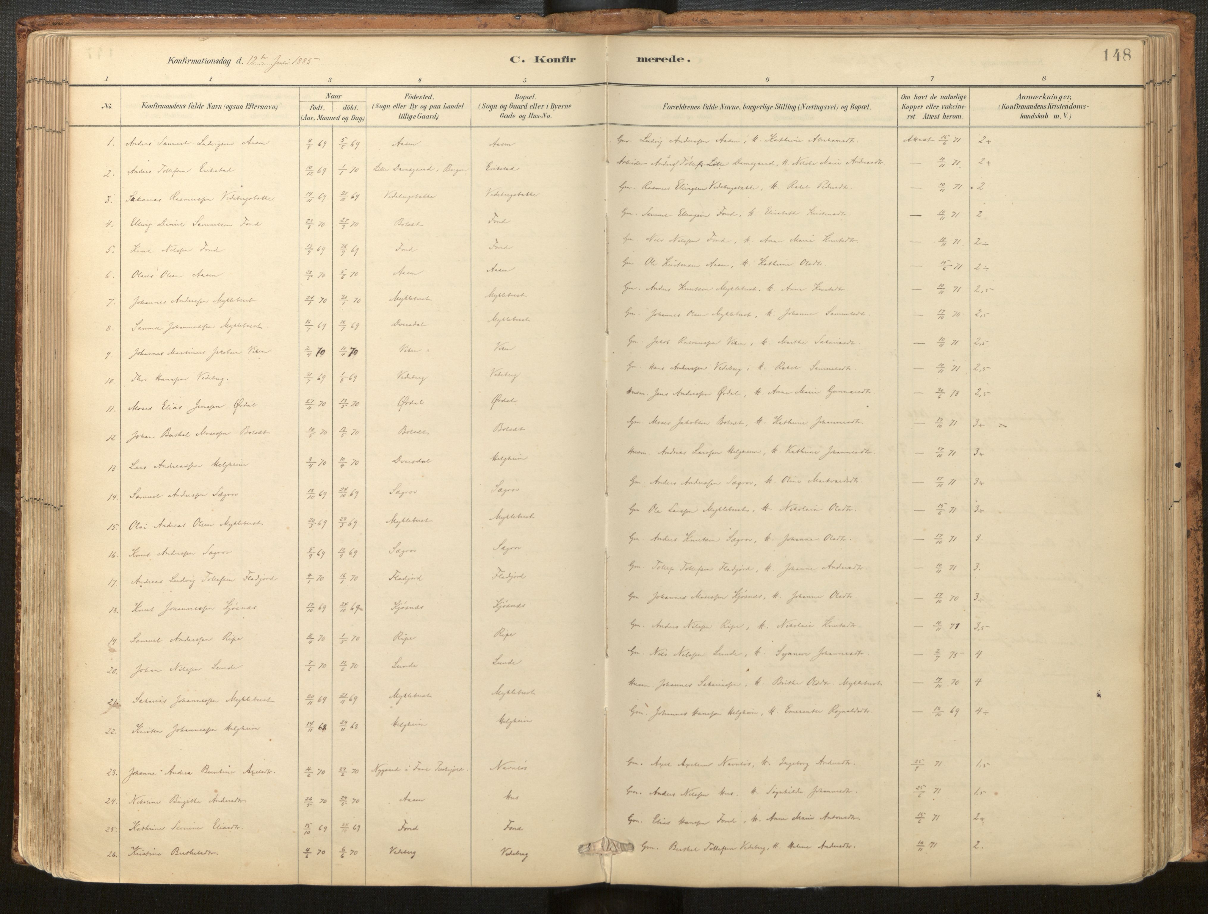 Jølster sokneprestembete, SAB/A-80701/H/Haa/Haac/L0001: Parish register (official) no. C 1, 1882-1928, p. 148
