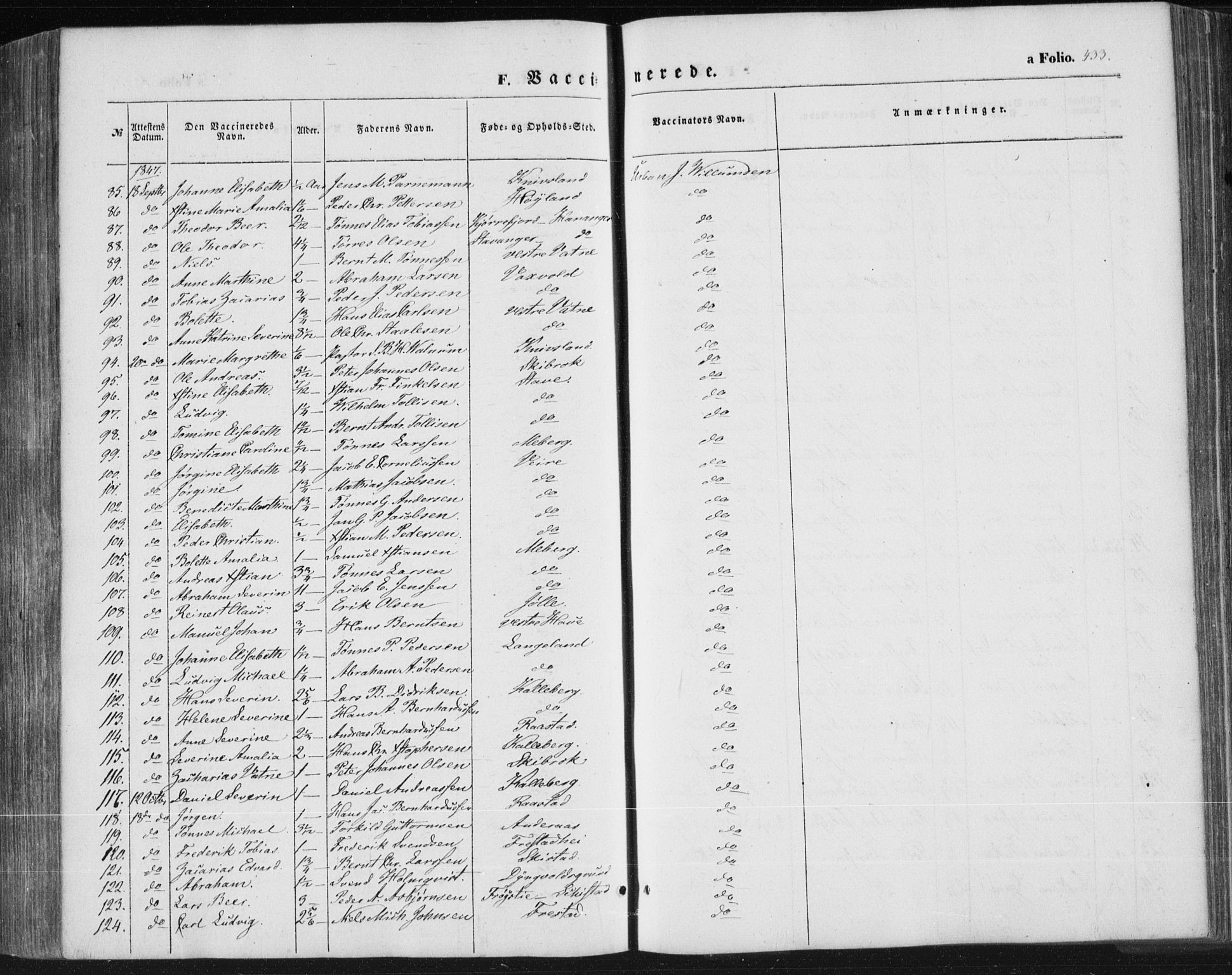 Lista sokneprestkontor, SAK/1111-0027/F/Fa/L0010: Parish register (official) no. A 10, 1846-1861, p. 433