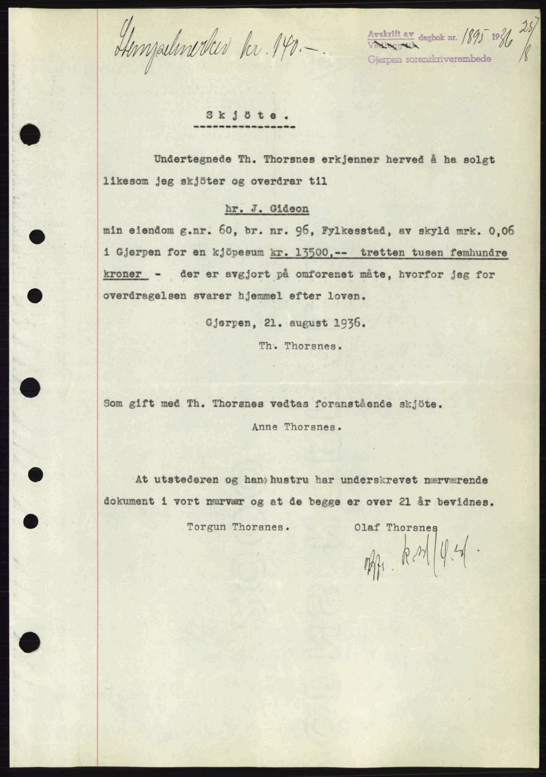 Gjerpen sorenskriveri, SAKO/A-216/G/Ga/Gae/L0067: Mortgage book no. A-66 - A-68, 1936-1937, Diary no: : 1895/1936