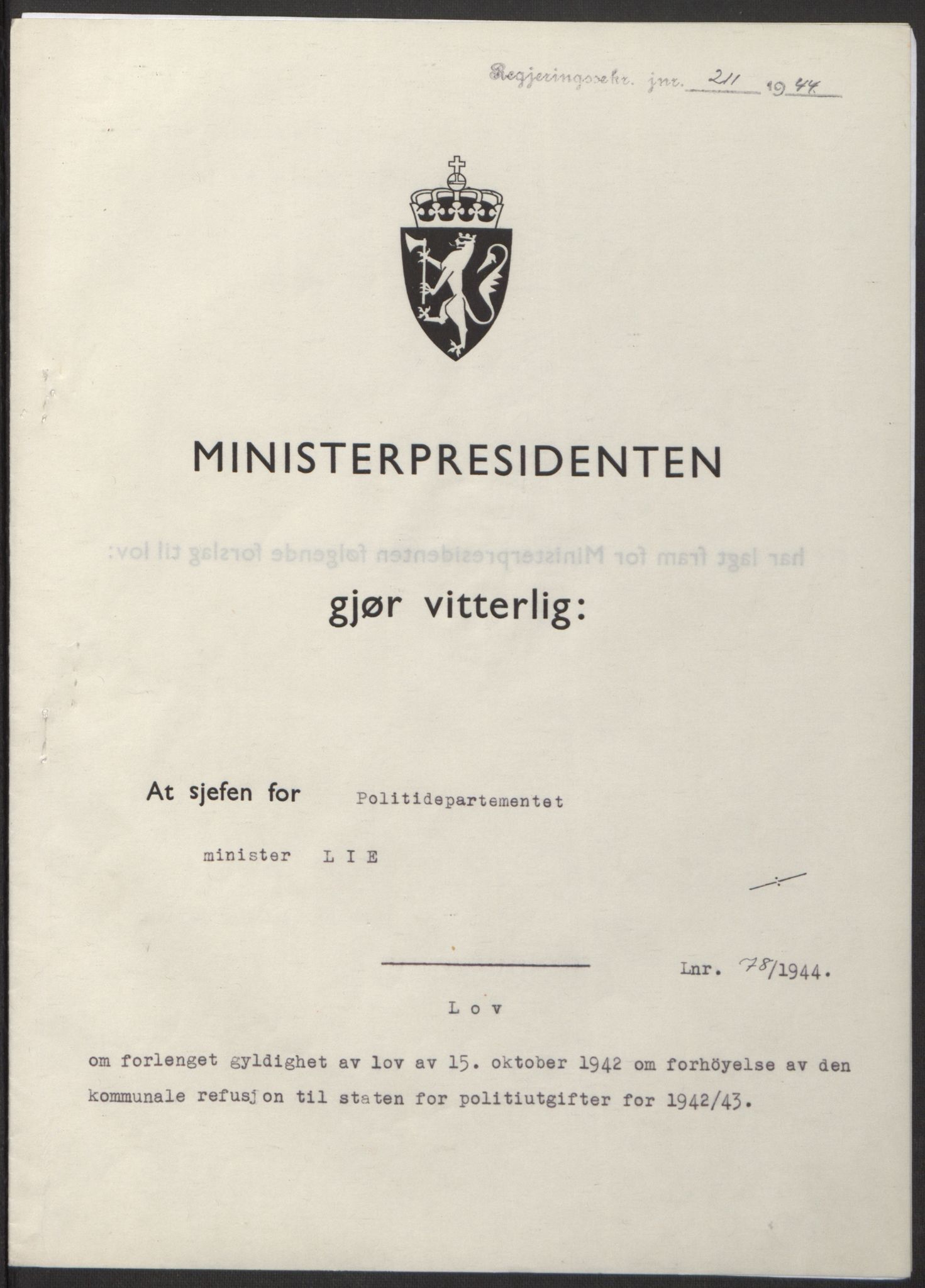 NS-administrasjonen 1940-1945 (Statsrådsekretariatet, de kommisariske statsråder mm), RA/S-4279/D/Db/L0100: Lover, 1944, p. 368
