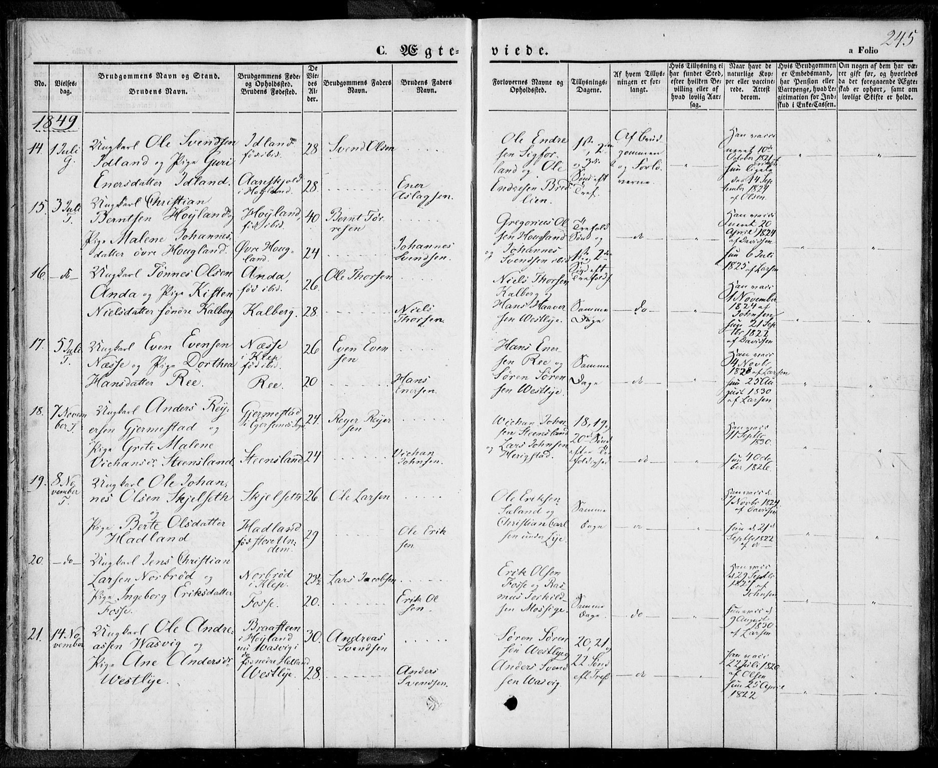 Lye sokneprestkontor, SAST/A-101794/001/30BA/L0006: Parish register (official) no. A 5.2, 1842-1855, p. 245