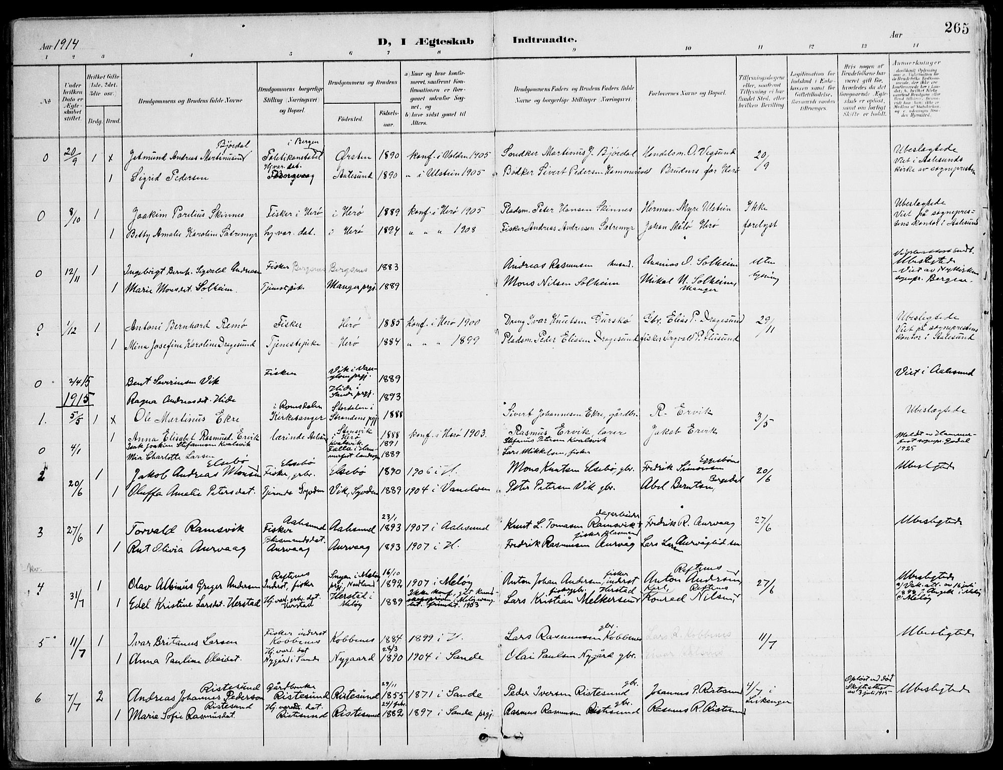 Ministerialprotokoller, klokkerbøker og fødselsregistre - Møre og Romsdal, SAT/A-1454/507/L0075: Parish register (official) no. 507A10, 1901-1920, p. 265