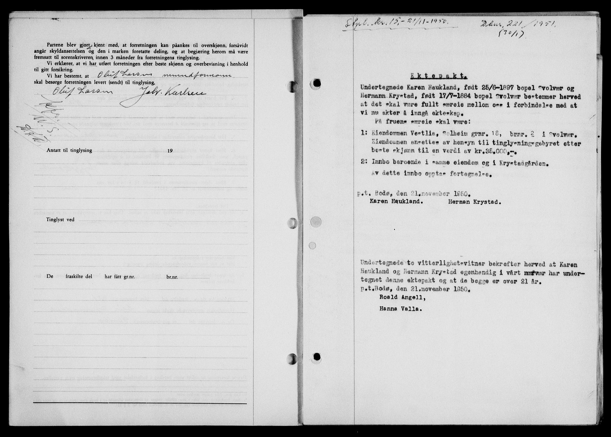 Lofoten sorenskriveri, SAT/A-0017/1/2/2C/L0025a: Mortgage book no. 25a, 1950-1951, Diary no: : 221/1951