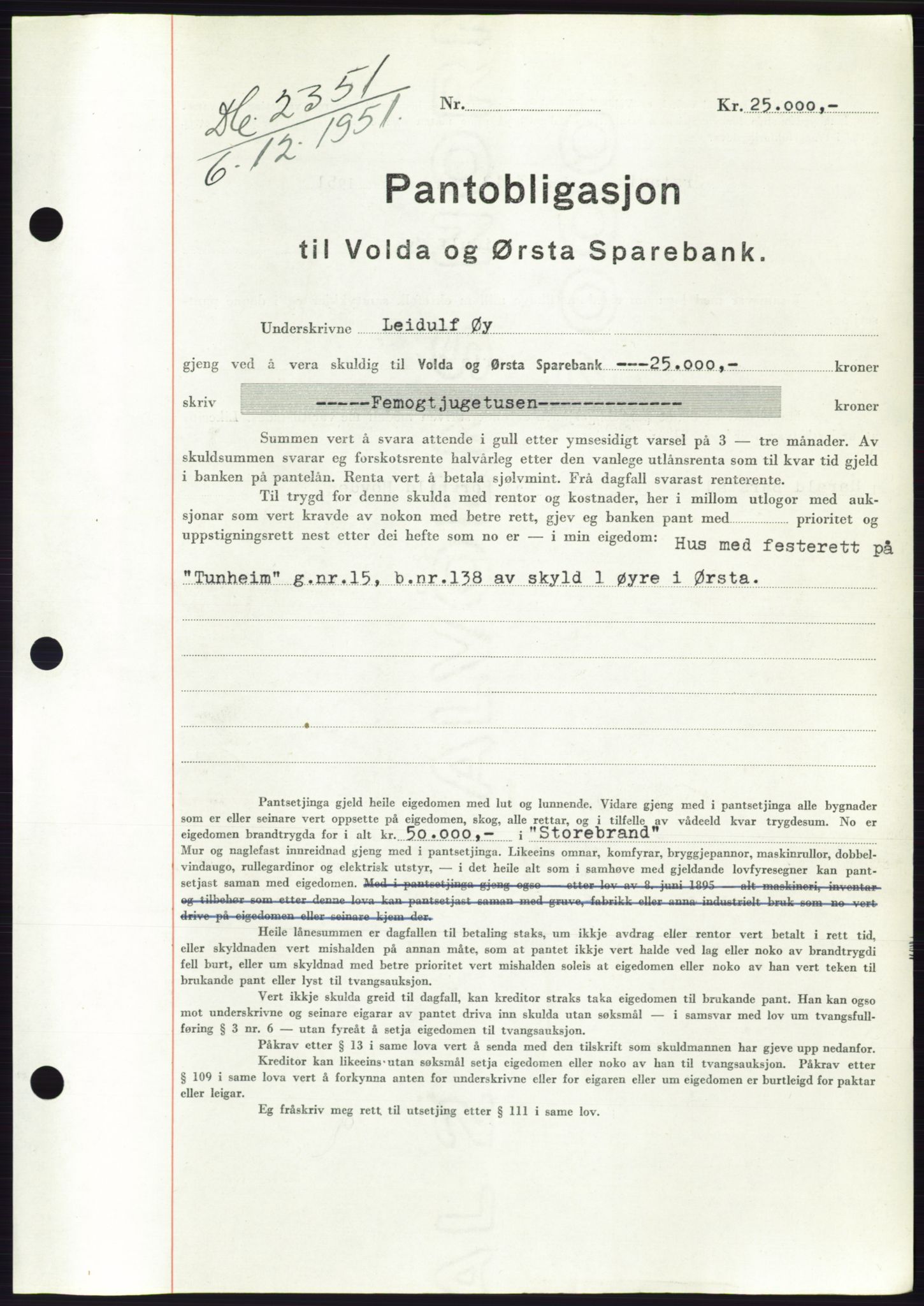 Søre Sunnmøre sorenskriveri, AV/SAT-A-4122/1/2/2C/L0120: Mortgage book no. 8B, 1951-1951, Diary no: : 2351/1951