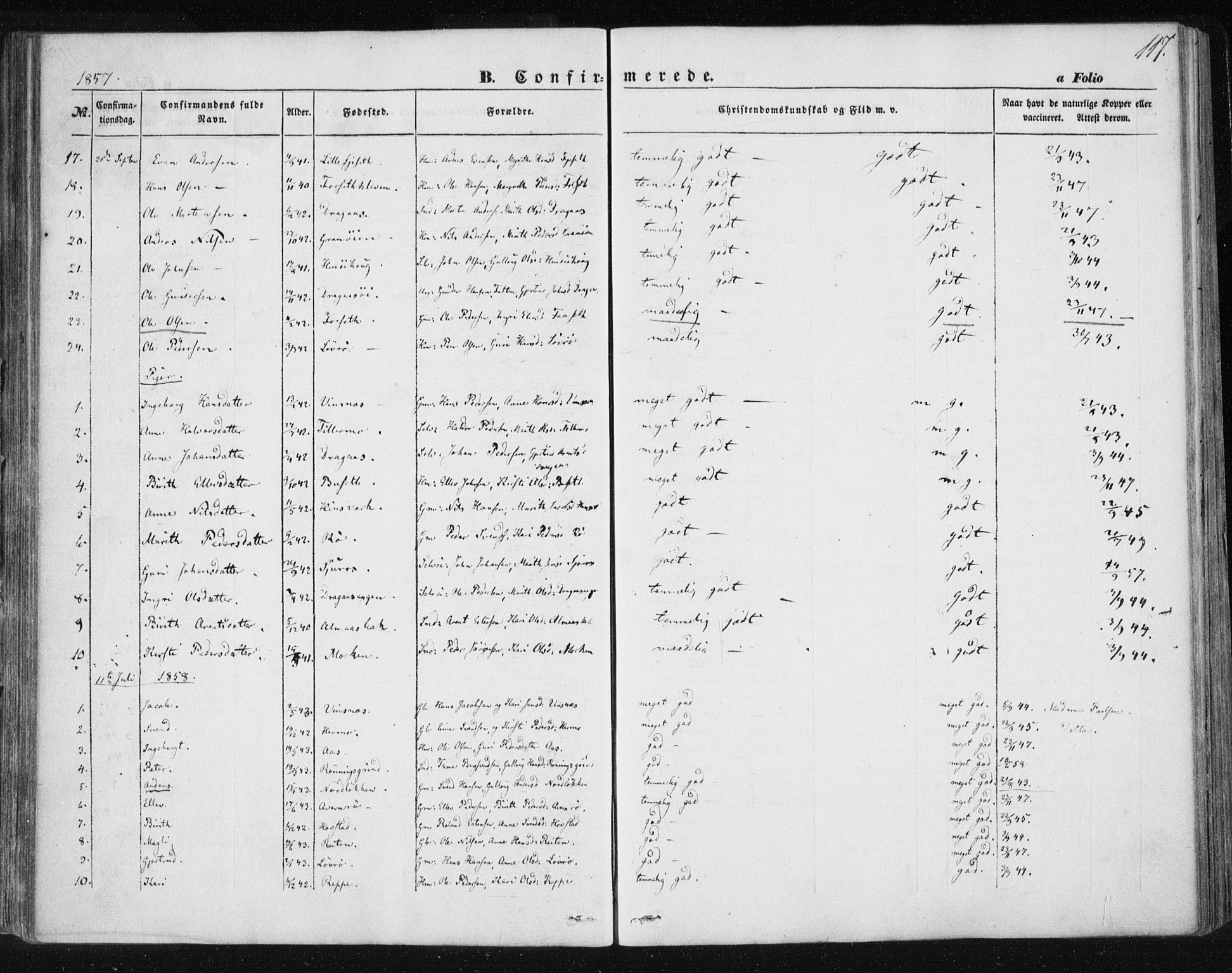 Ministerialprotokoller, klokkerbøker og fødselsregistre - Sør-Trøndelag, SAT/A-1456/685/L0964: Parish register (official) no. 685A06 /2, 1846-1859, p. 117