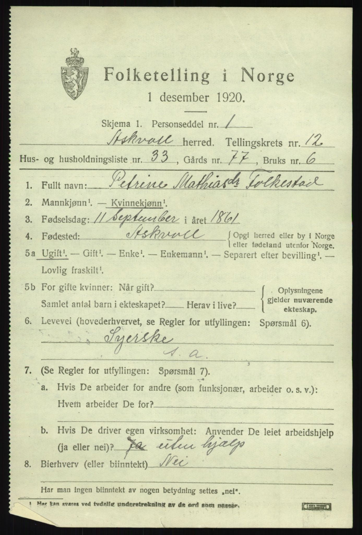 SAB, 1920 census for Askvoll, 1920, p. 4982