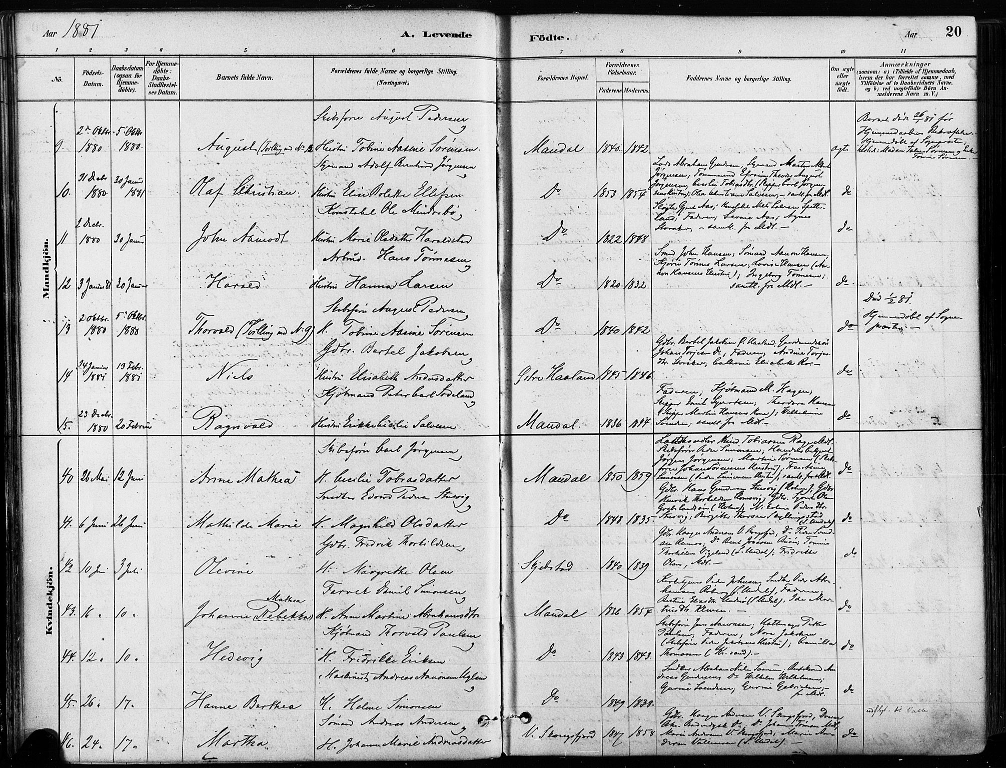 Mandal sokneprestkontor, SAK/1111-0030/F/Fa/Faa/L0016: Parish register (official) no. A 16, 1880-1890, p. 20