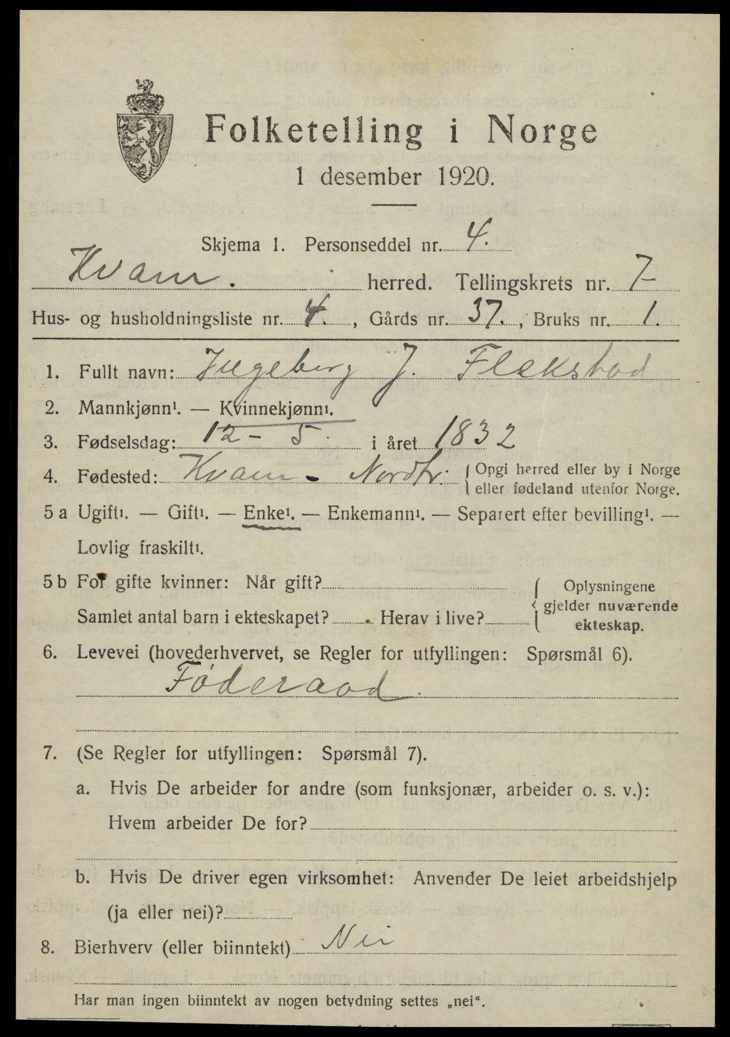 SAT, 1920 census for Kvam, 1920, p. 1841