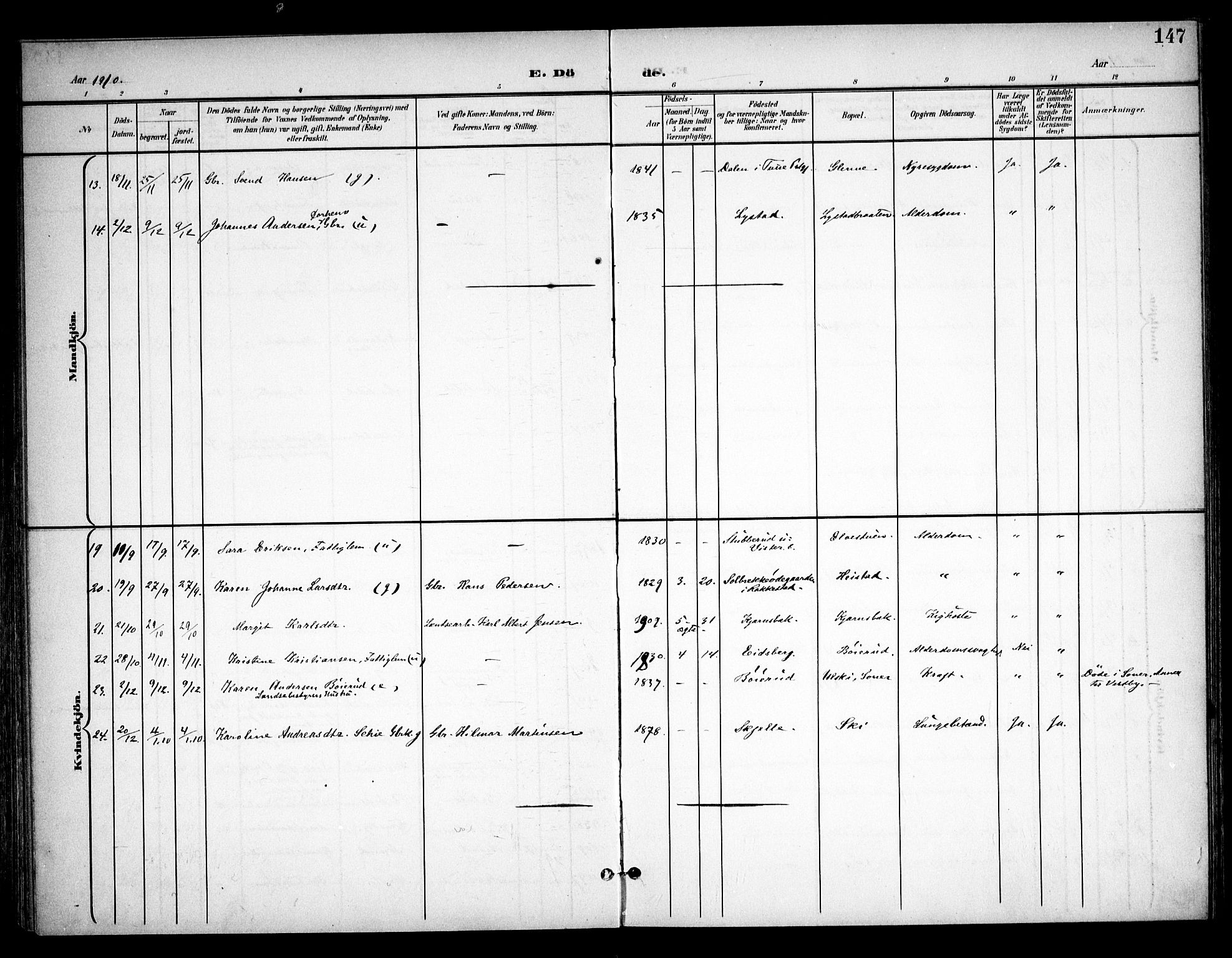 Skiptvet prestekontor Kirkebøker, SAO/A-20009/F/Fa/L0011: Parish register (official) no. 11, 1901-1913, p. 147
