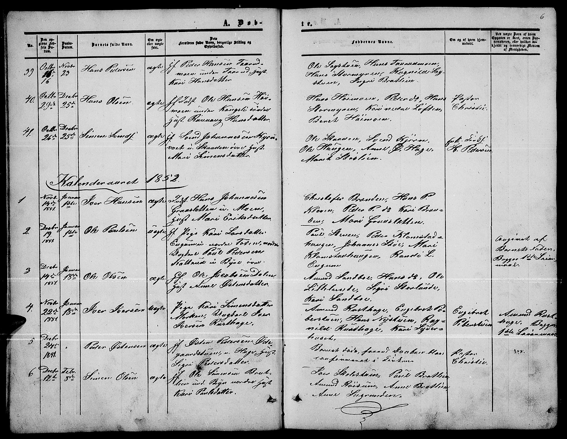 Nord-Fron prestekontor, SAH/PREST-080/H/Ha/Hab/L0001: Parish register (copy) no. 1, 1851-1883, p. 6