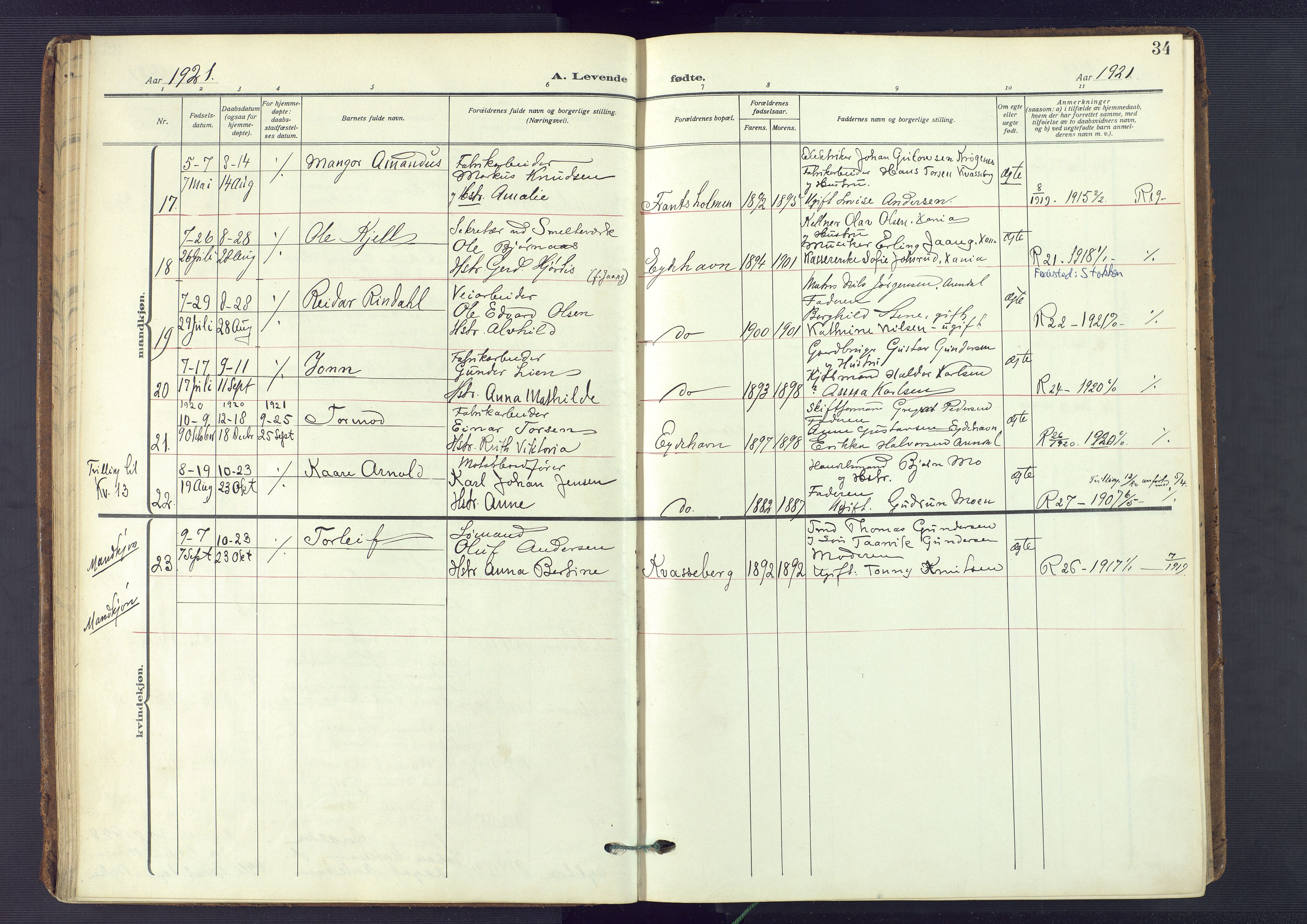 Austre Moland sokneprestkontor, AV/SAK-1111-0001/F/Fa/Fab/L0003: Parish register (official) no. A 3, 1914-1927, p. 34