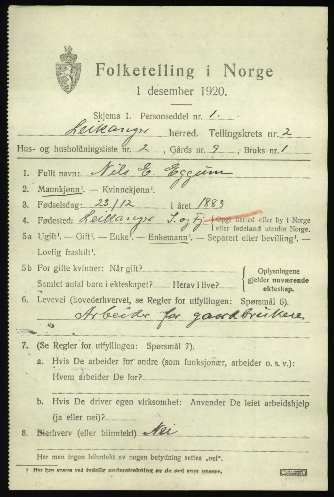 SAB, 1920 census for Leikanger, 1920, p. 1410