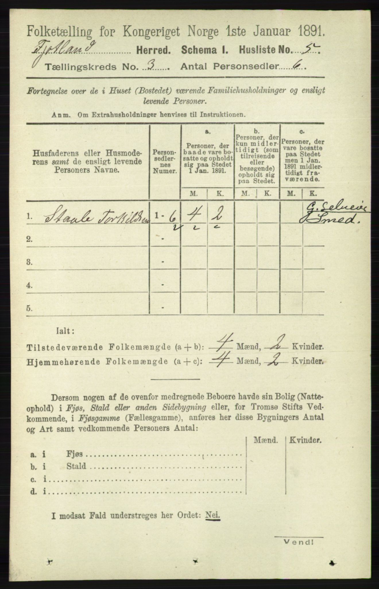 RA, 1891 census for 1036 Fjotland, 1891, p. 376