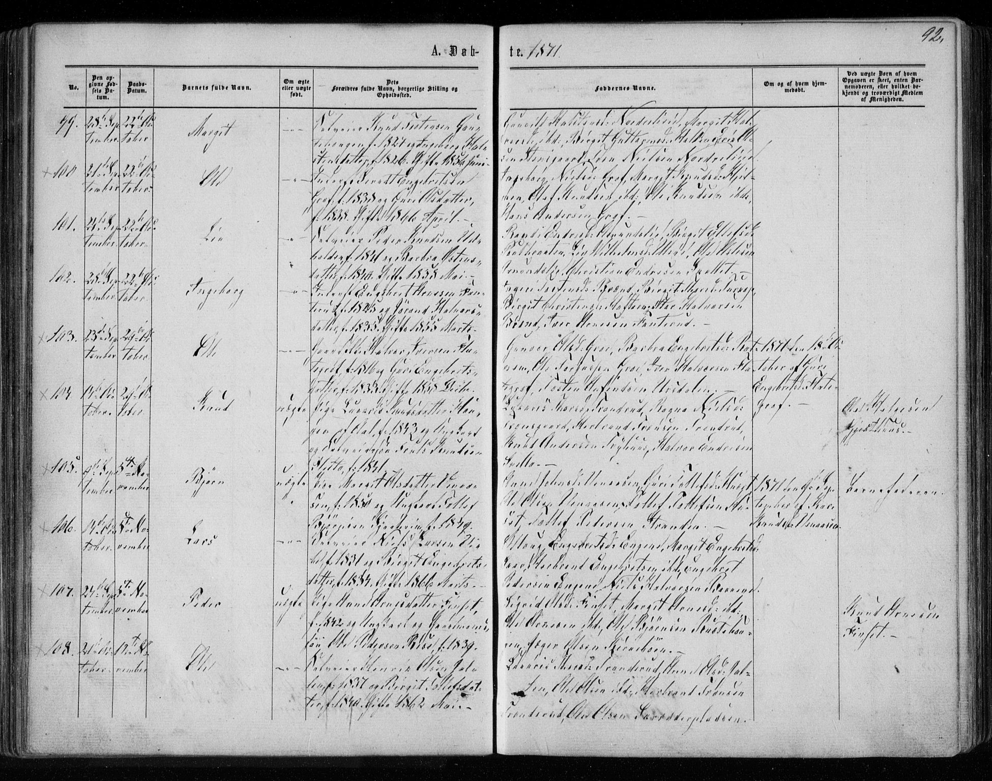 Gol kirkebøker, AV/SAKO-A-226/F/Fa/L0003: Parish register (official) no. I 3, 1863-1875, p. 92