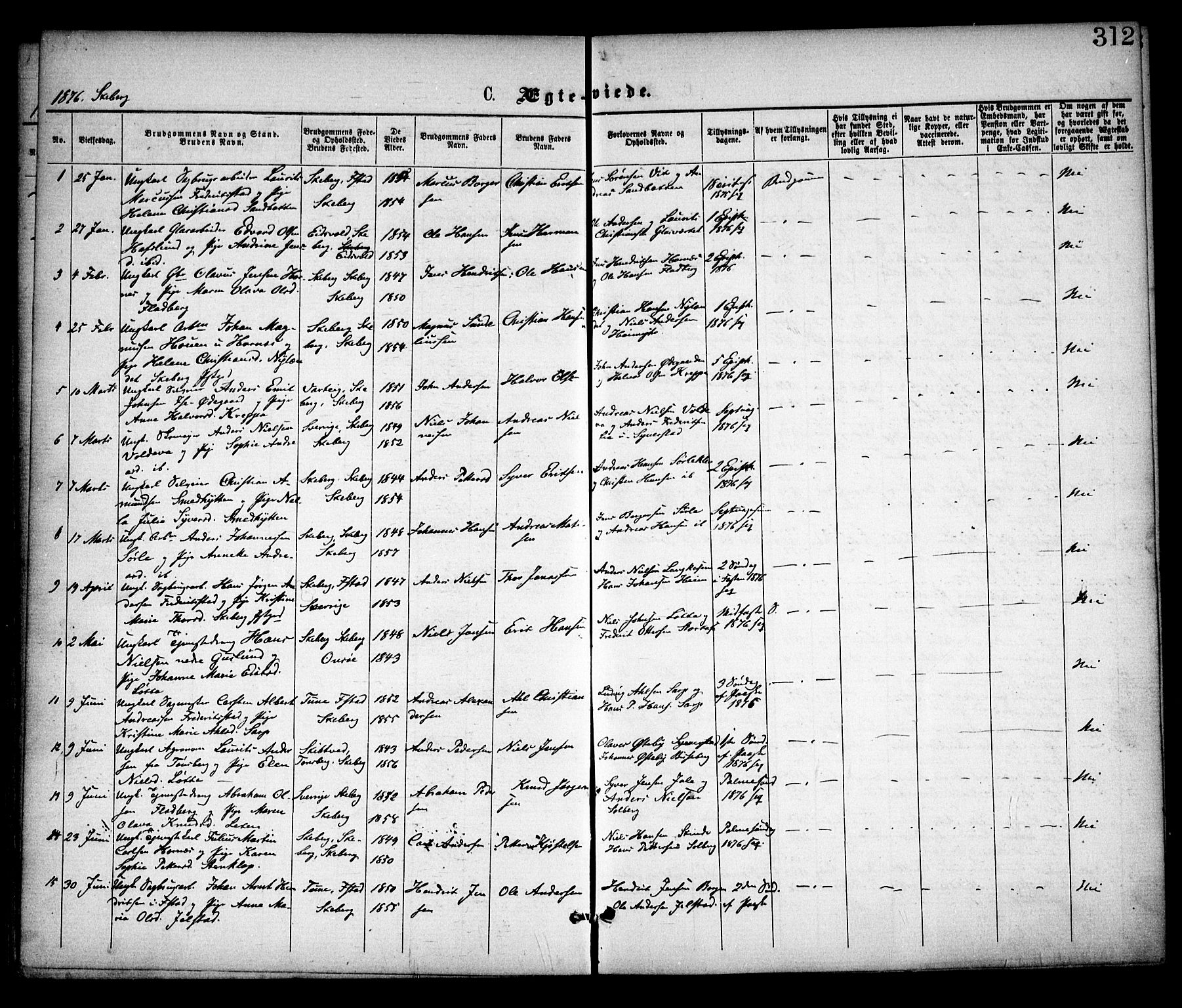 Skjeberg prestekontor Kirkebøker, SAO/A-10923/F/Fa/L0008: Parish register (official) no. I 8, 1869-1885, p. 312