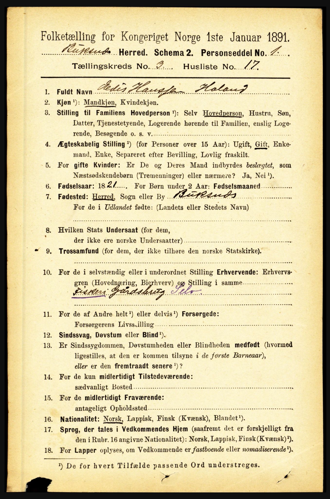 RA, 1891 census for 1860 Buksnes, 1891, p. 2298