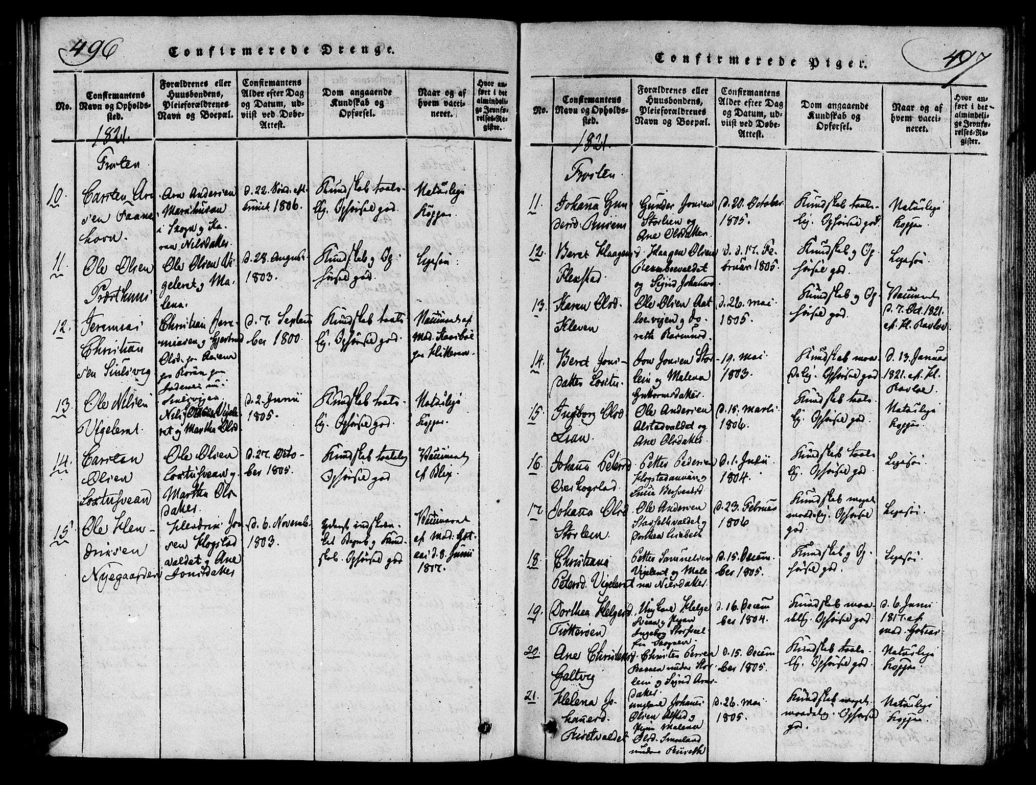 Ministerialprotokoller, klokkerbøker og fødselsregistre - Nord-Trøndelag, AV/SAT-A-1458/713/L0112: Parish register (official) no. 713A04 /1, 1817-1827, p. 496-497