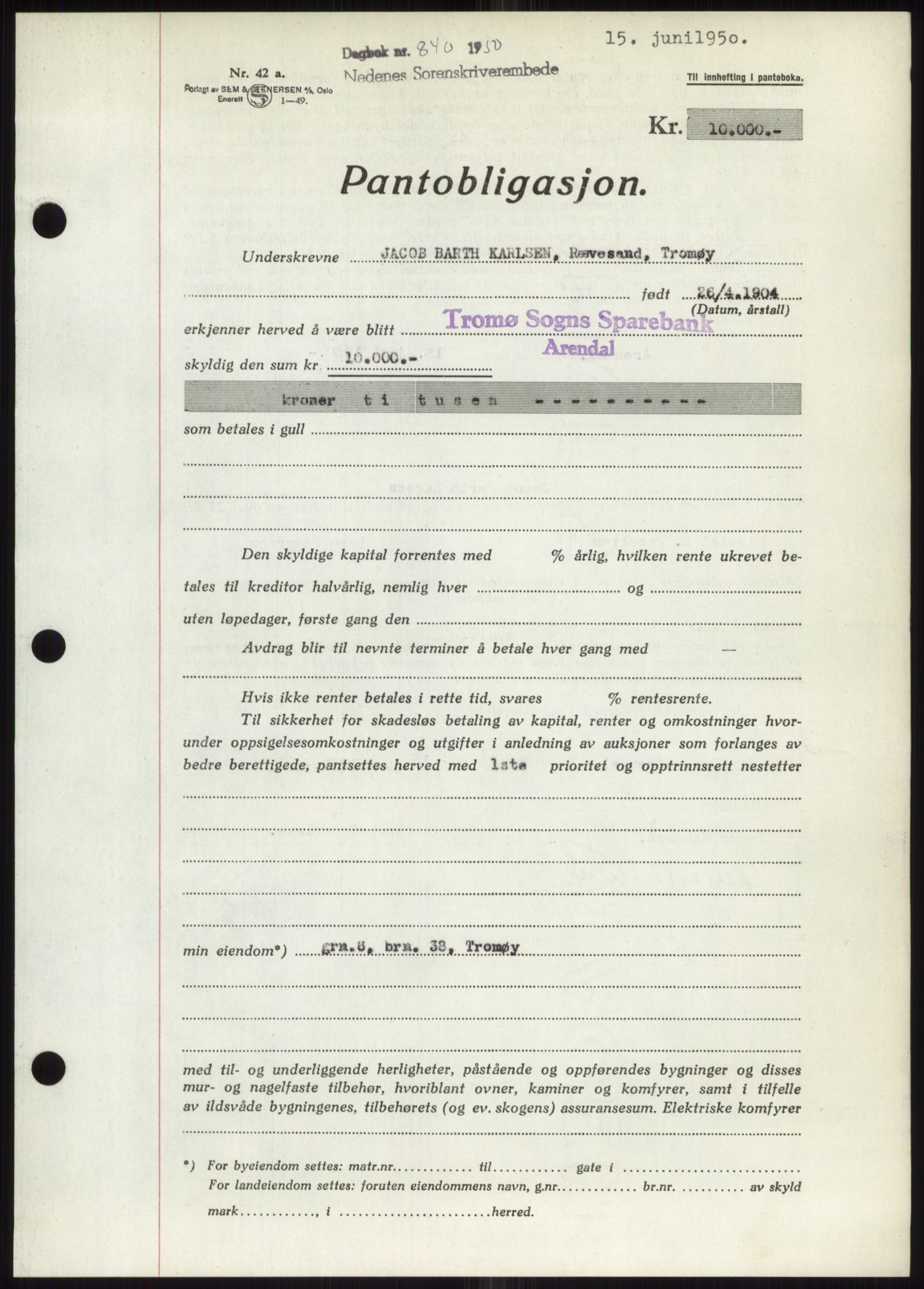 Nedenes sorenskriveri, AV/SAK-1221-0006/G/Gb/Gbb/L0007: Mortgage book no. B7, 1949-1950, Diary no: : 840/1950