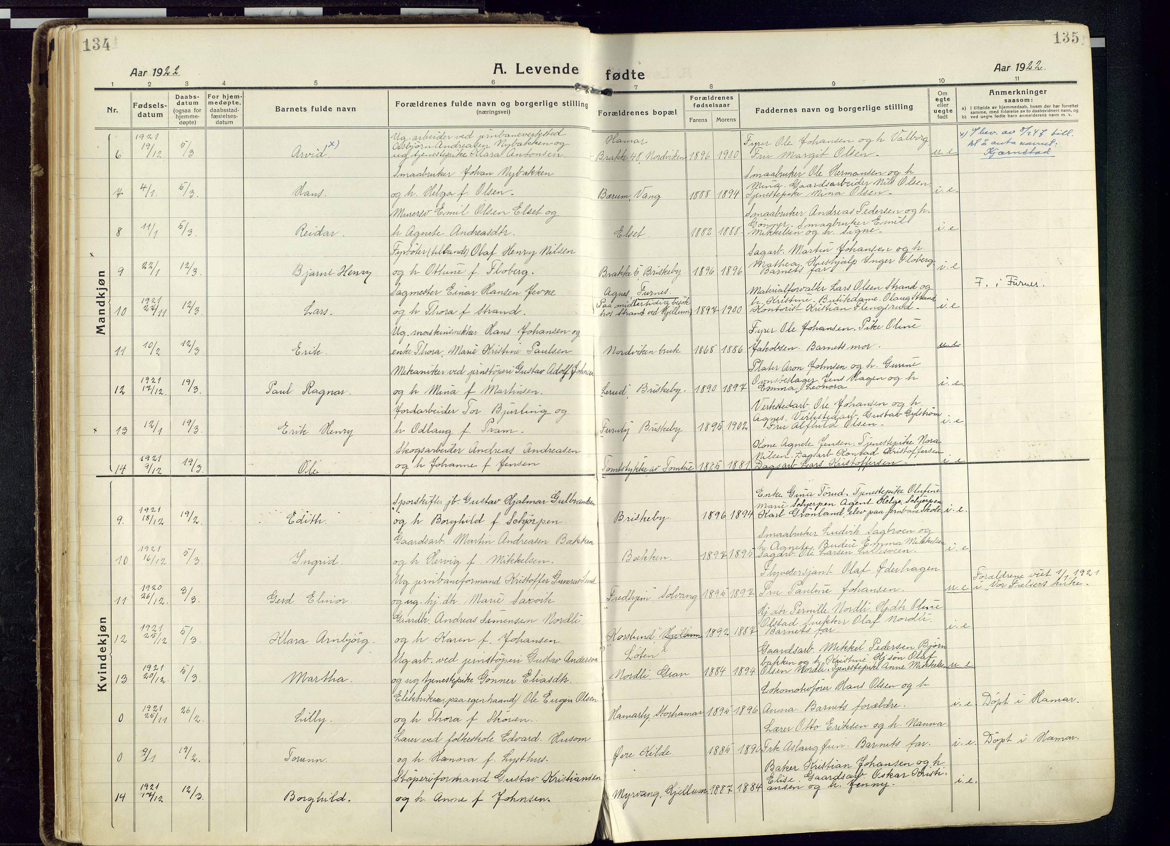 Vang prestekontor, Hedmark, SAH/PREST-008/H/Ha/Haa/L0022: Parish register (official) no. 22, 1918-1944, p. 134-135