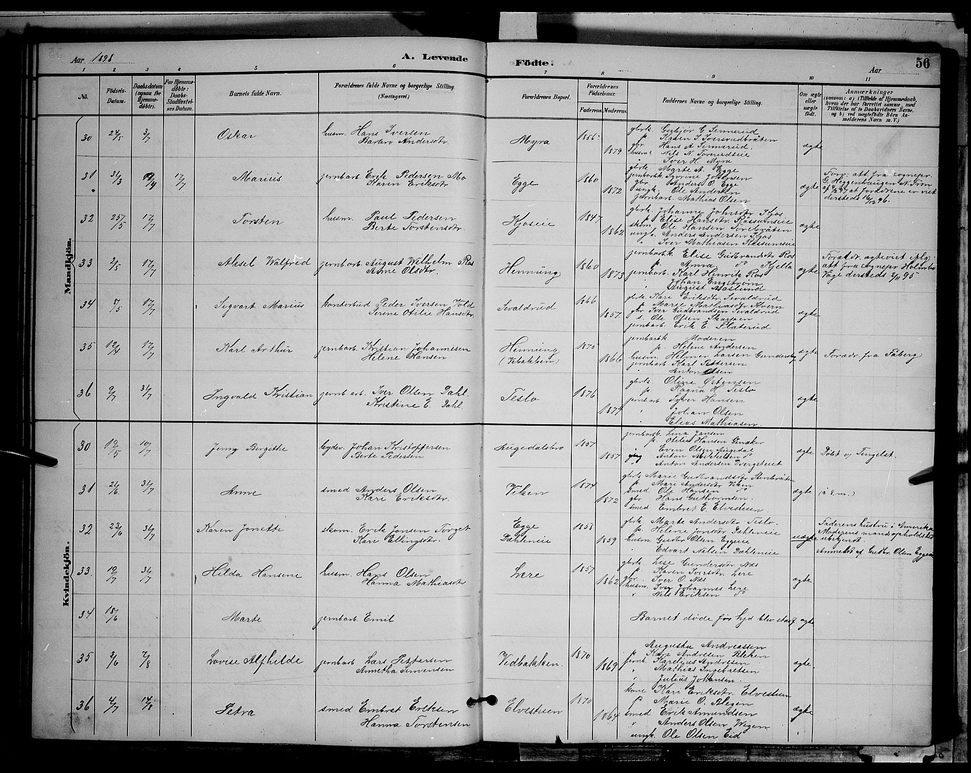 Gran prestekontor, SAH/PREST-112/H/Ha/Hab/L0004: Parish register (copy) no. 4, 1890-1899, p. 56