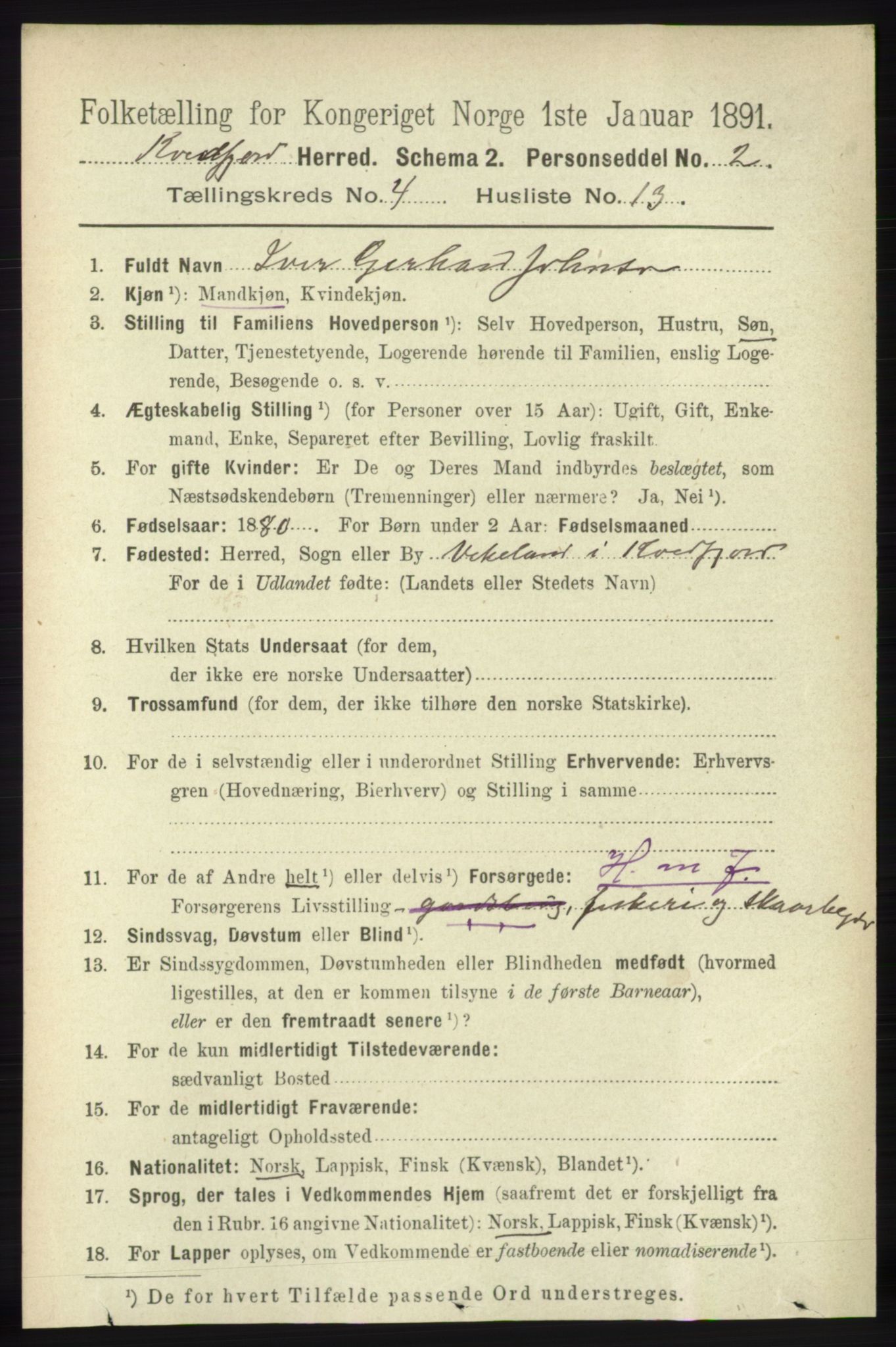 RA, 1891 census for 1911 Kvæfjord, 1891, p. 1974