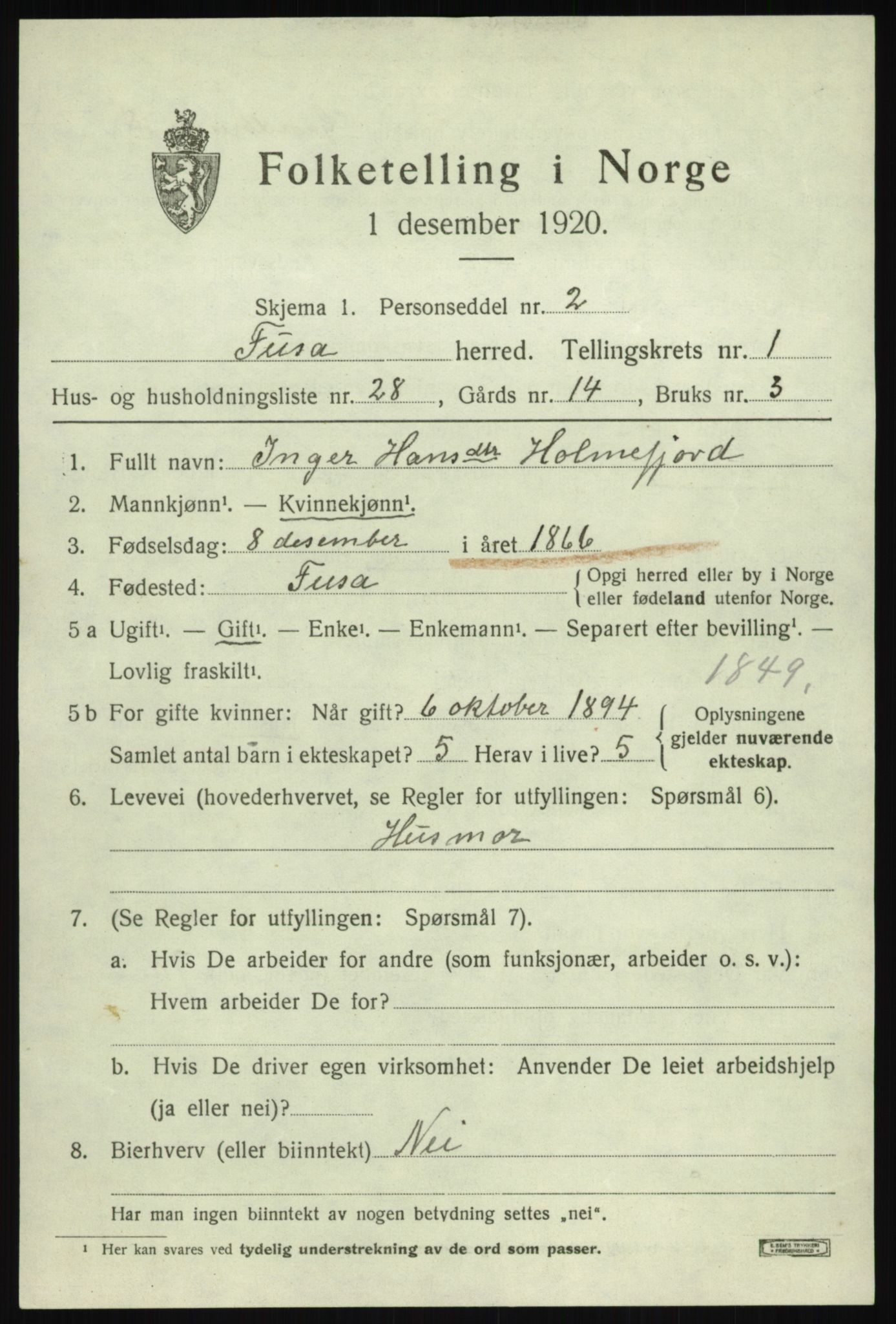 SAB, 1920 census for Fusa, 1920, p. 795