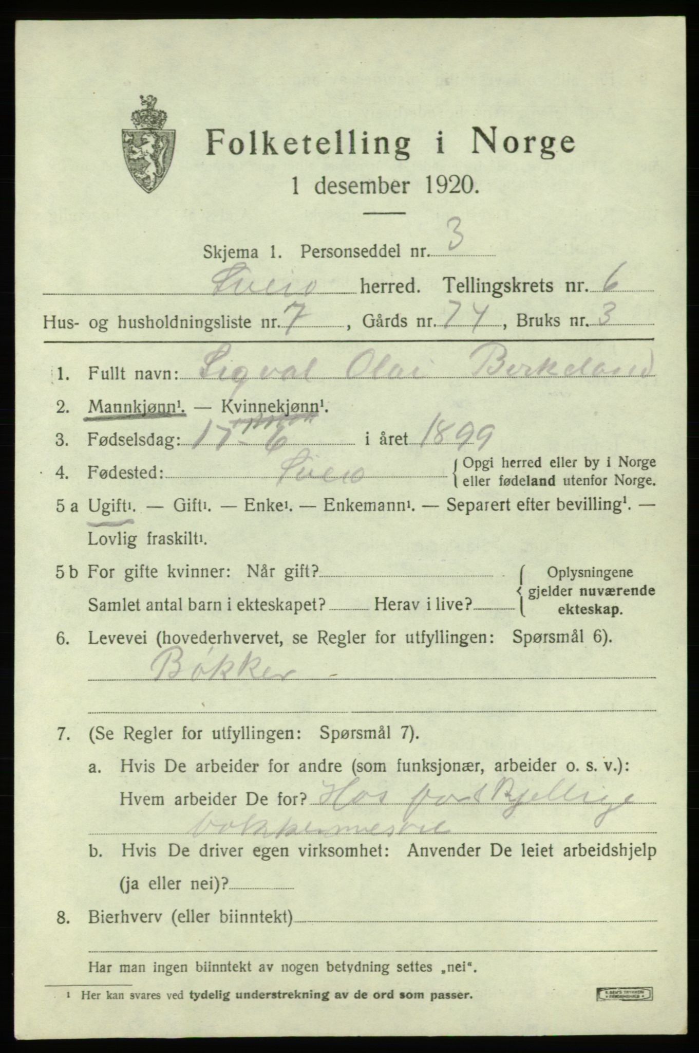 SAB, 1920 census for Sveio, 1920, p. 2952