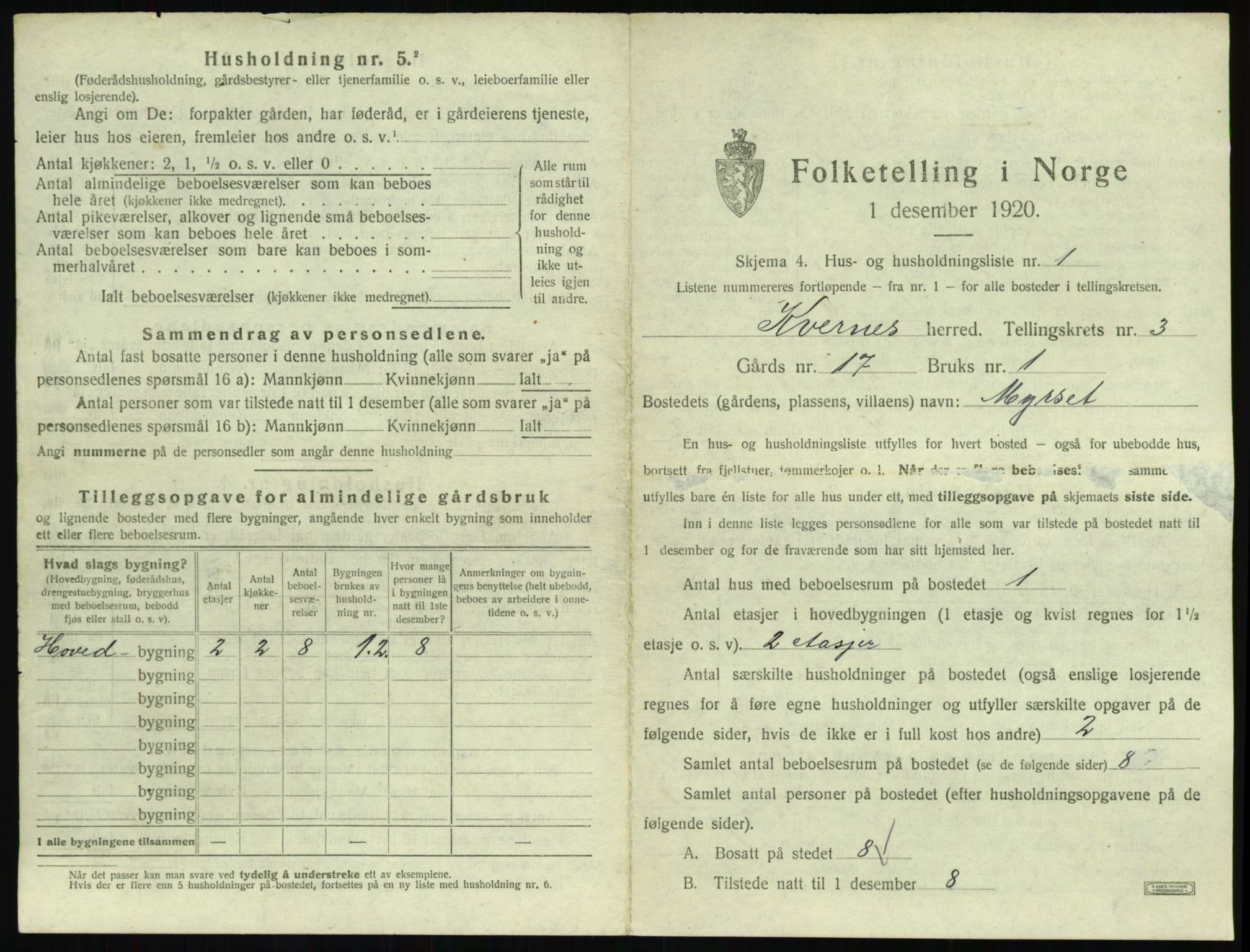 SAT, 1920 census for Kvernes, 1920, p. 239