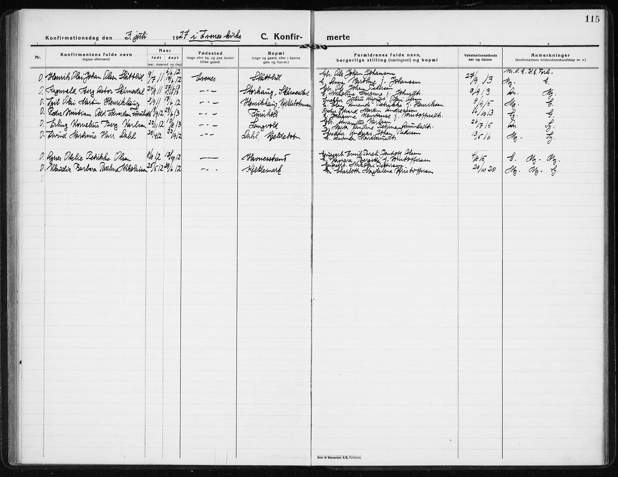 Ministerialprotokoller, klokkerbøker og fødselsregistre - Nordland, AV/SAT-A-1459/869/L0975: Parish register (copy) no. 869C01, 1923-1939, p. 115