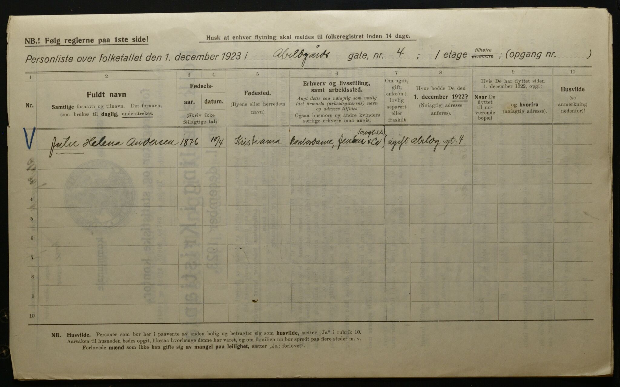 OBA, Municipal Census 1923 for Kristiania, 1923, p. 20