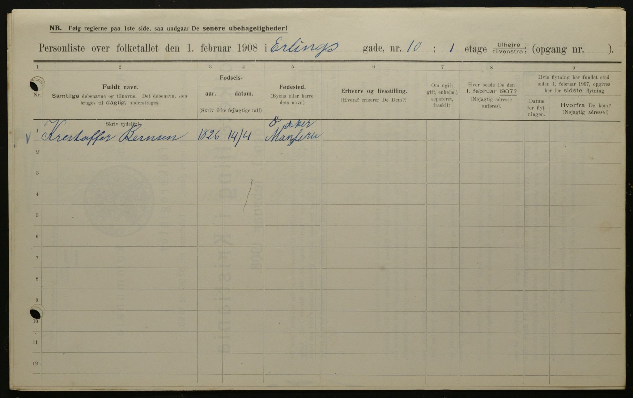 OBA, Municipal Census 1908 for Kristiania, 1908, p. 20046