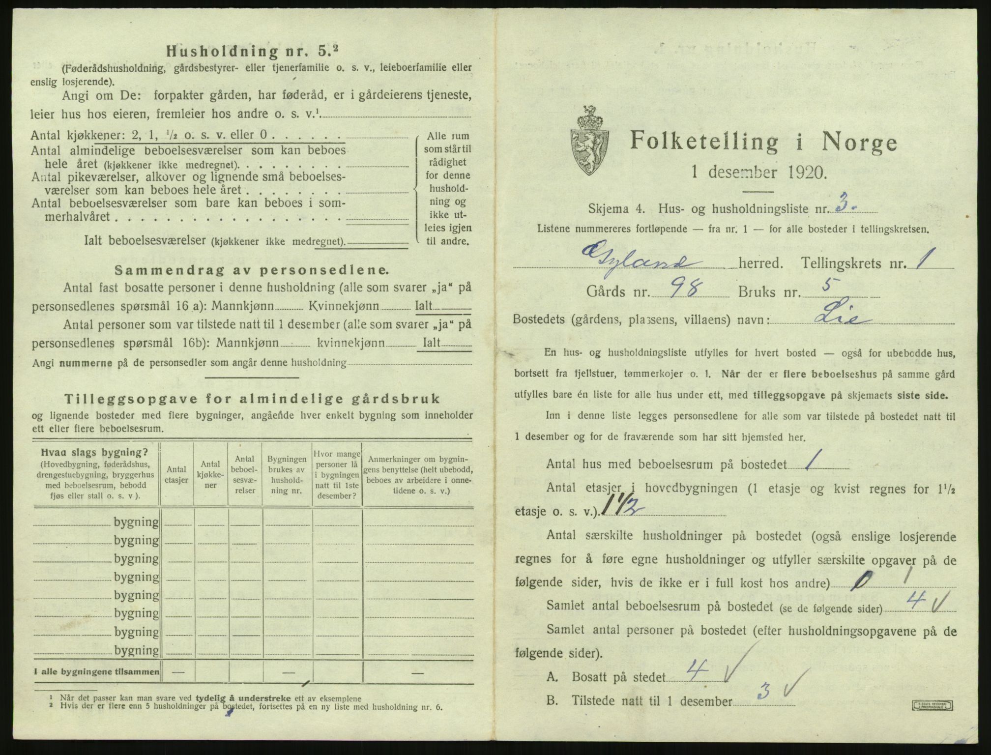 SAK, 1920 census for Gyland, 1920, p. 56