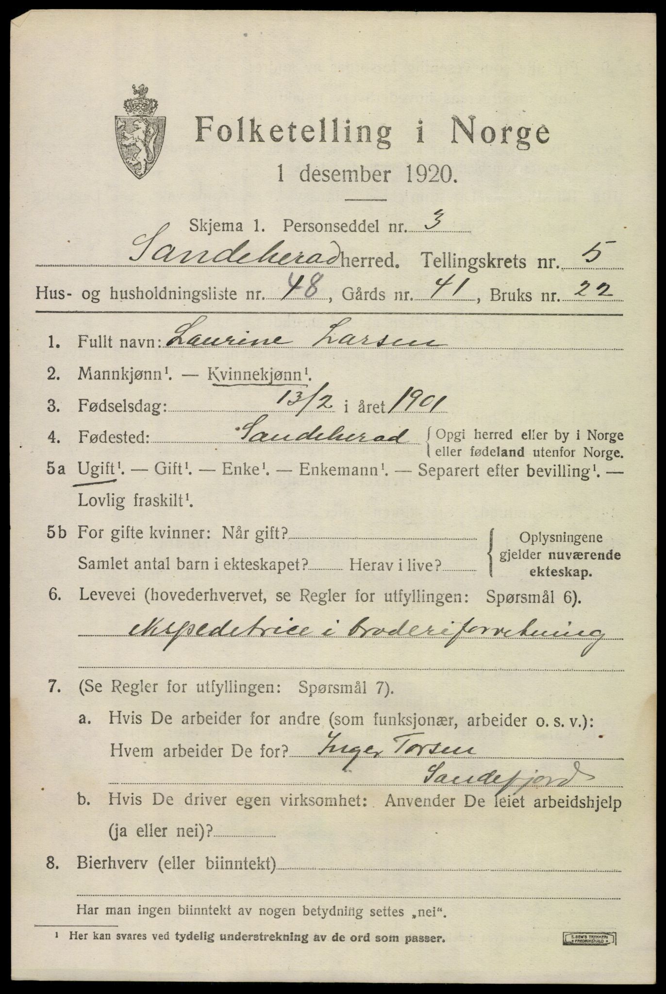 SAKO, 1920 census for Sandeherred, 1920, p. 8630