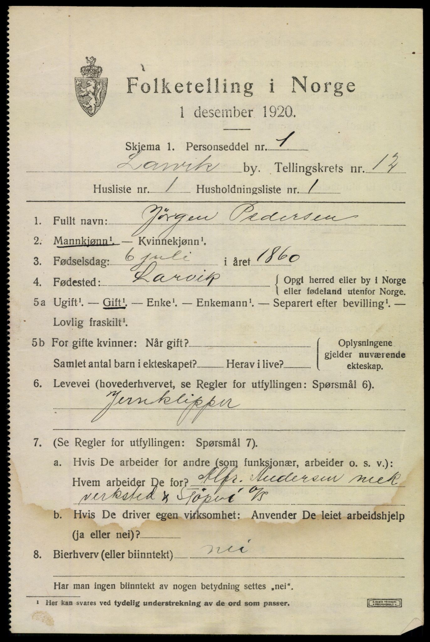 SAKO, 1920 census for Larvik, 1920, p. 30534