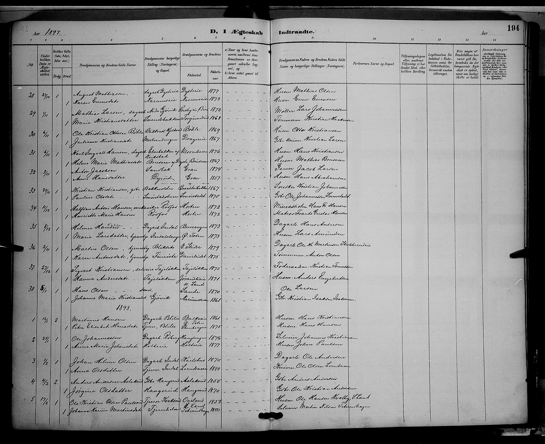 Vestre Toten prestekontor, SAH/PREST-108/H/Ha/Hab/L0009: Parish register (copy) no. 9, 1888-1900, p. 194