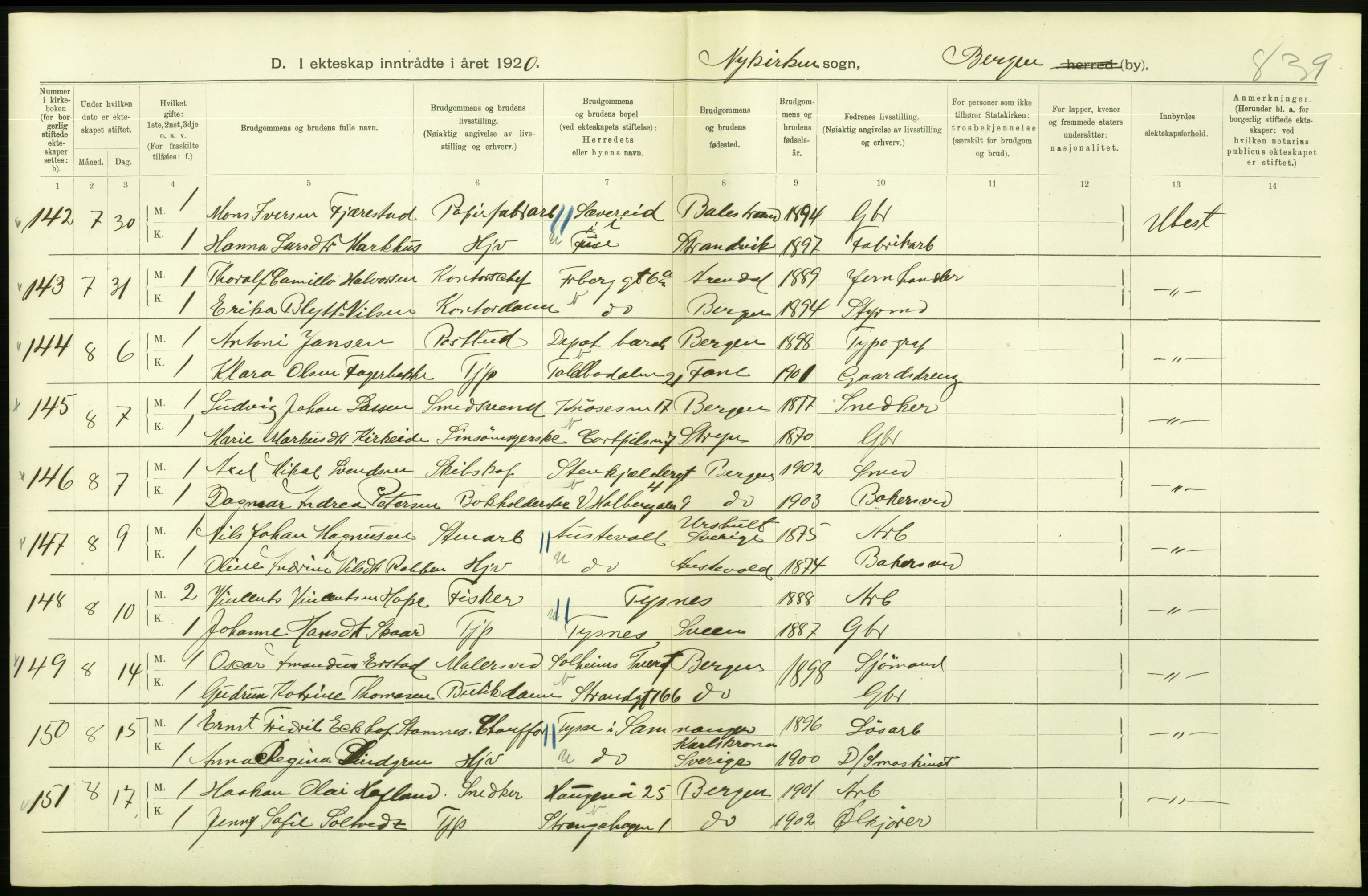 Statistisk sentralbyrå, Sosiodemografiske emner, Befolkning, AV/RA-S-2228/D/Df/Dfb/Dfbj/L0042: Bergen: Gifte, døde, dødfødte., 1920, p. 122