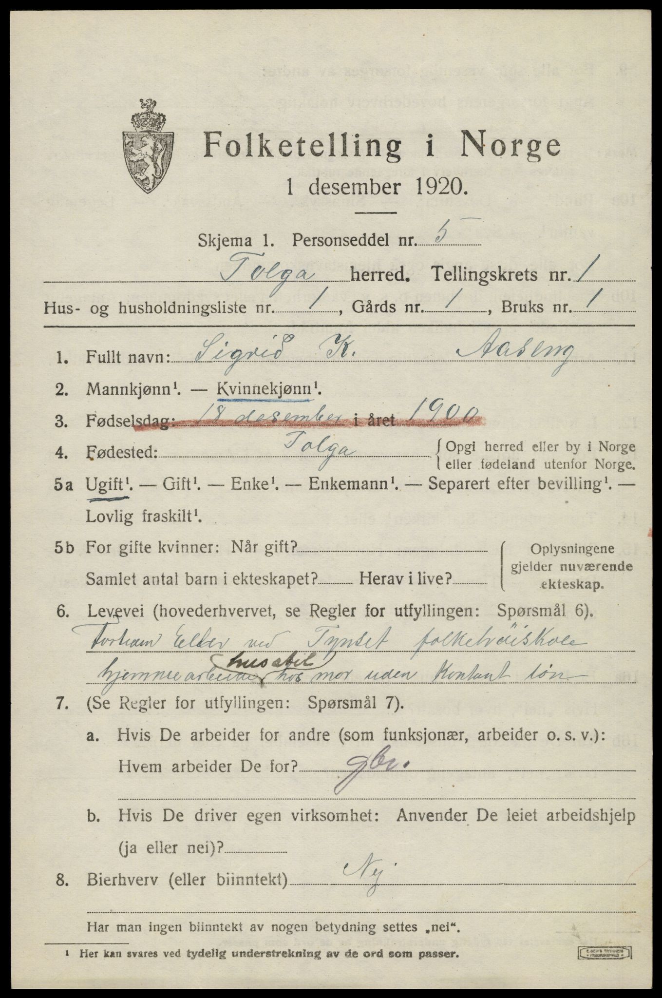 SAH, 1920 census for Tolga, 1920, p. 1387