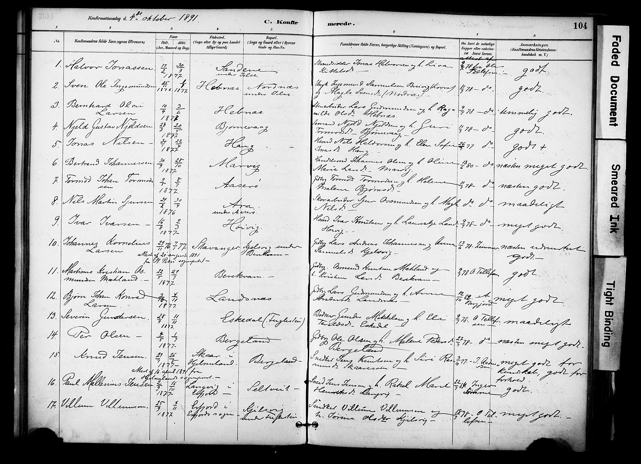 Jelsa sokneprestkontor, SAST/A-101842/01/IV: Parish register (official) no. A 10, 1884-1906, p. 104