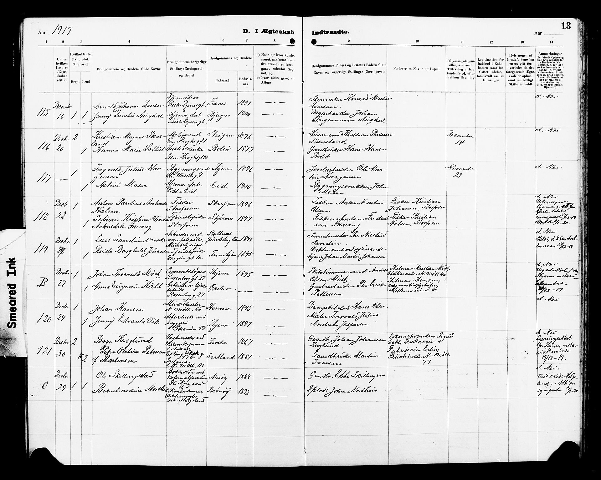 Ministerialprotokoller, klokkerbøker og fødselsregistre - Sør-Trøndelag, SAT/A-1456/605/L0257: Parish register (copy) no. 605C04, 1916-1922, p. 13