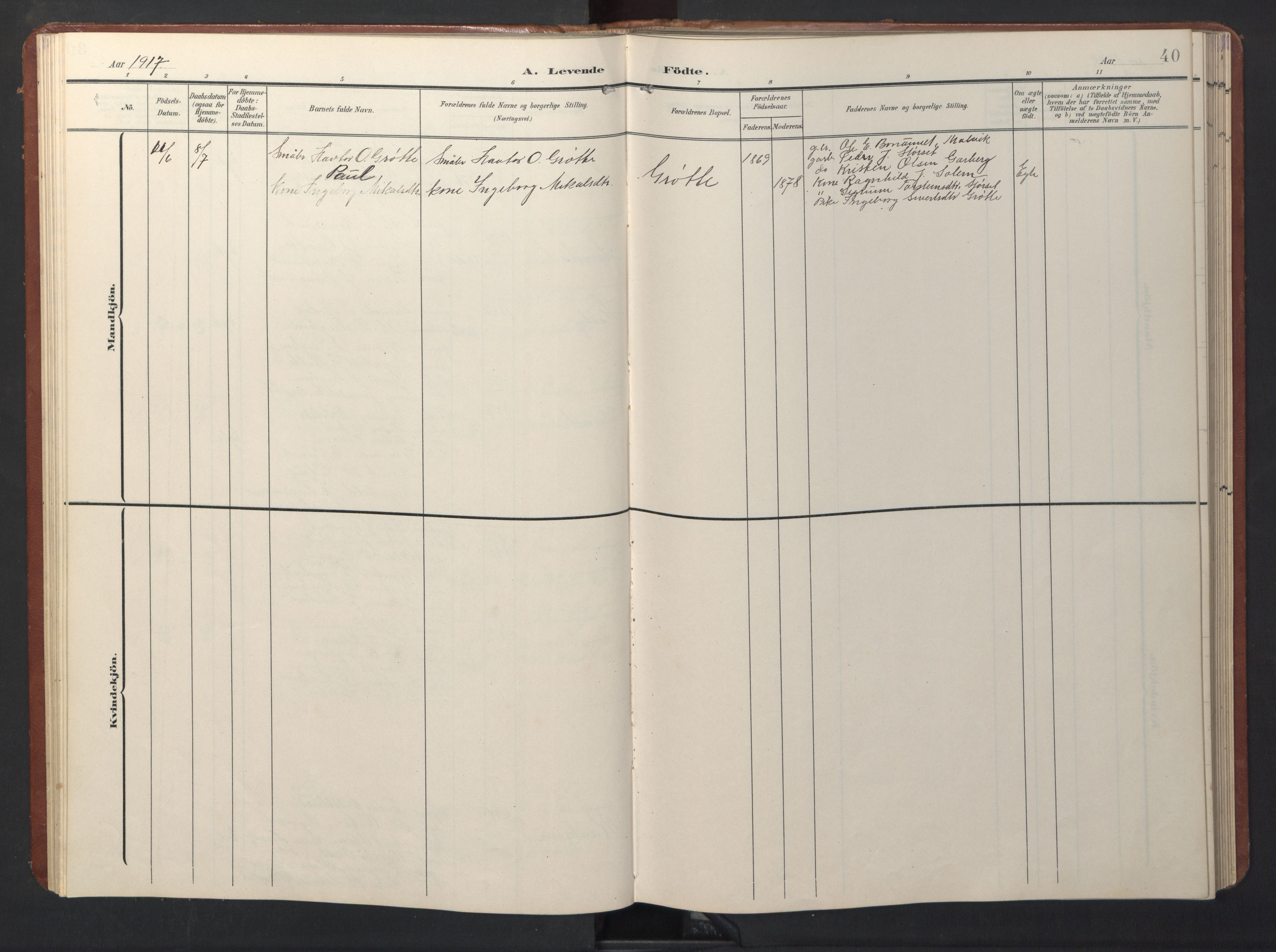 Ministerialprotokoller, klokkerbøker og fødselsregistre - Sør-Trøndelag, SAT/A-1456/696/L1161: Parish register (copy) no. 696C01, 1902-1950, p. 40